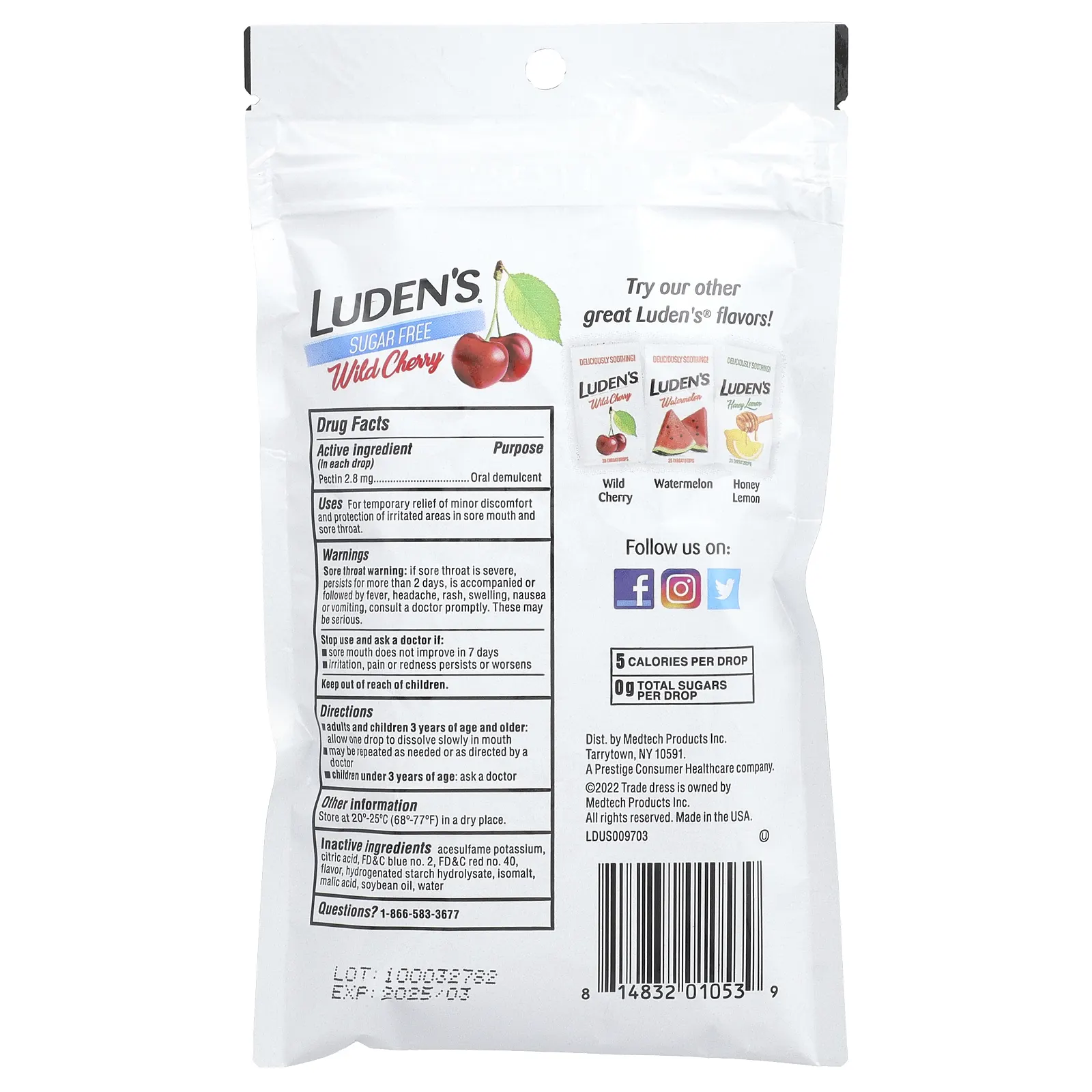 Luden's, Леденцы с пектином / успокаивающее средство для полости рта, без сахара, дикая вишня, 25 леденцов для горла