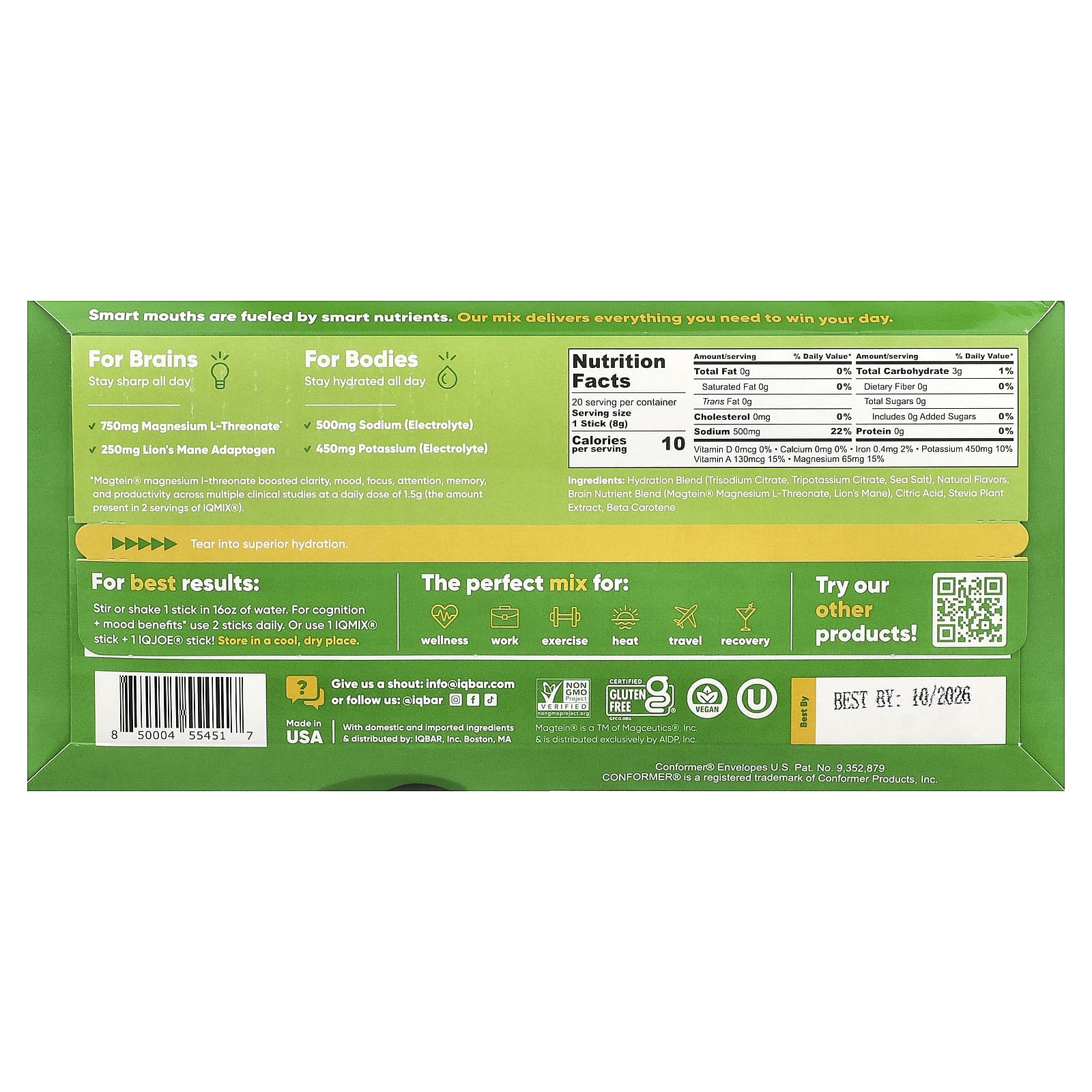 IQBAR, IQMIX®, смесь для увлажнения, чистоты и настроения, лимон и лайм, 20 пакетиков по 8 г (0,28 унции)