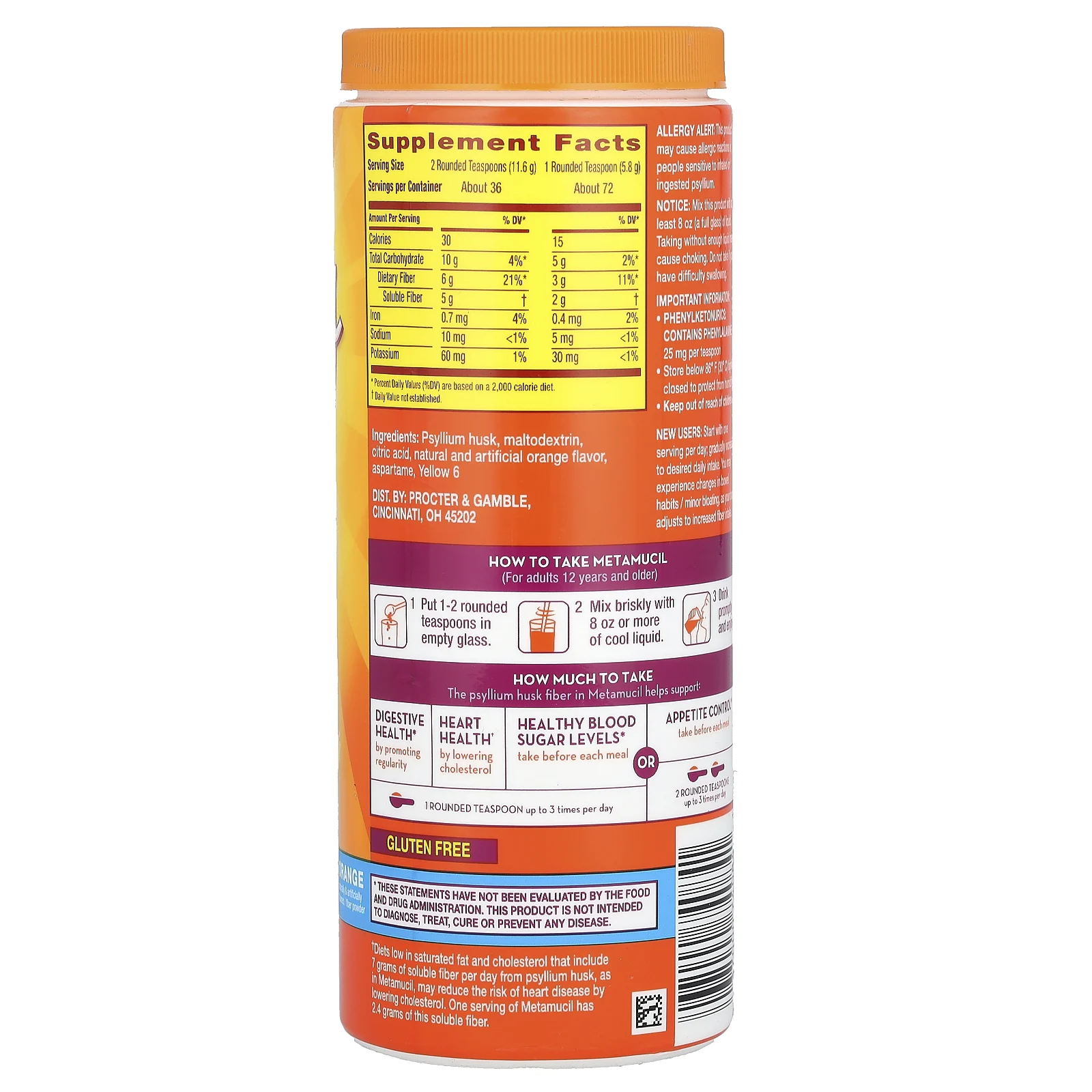 Metamucil, 4-в-1 клетчатка, со вкусом апельсина, 425 г (15 унций)