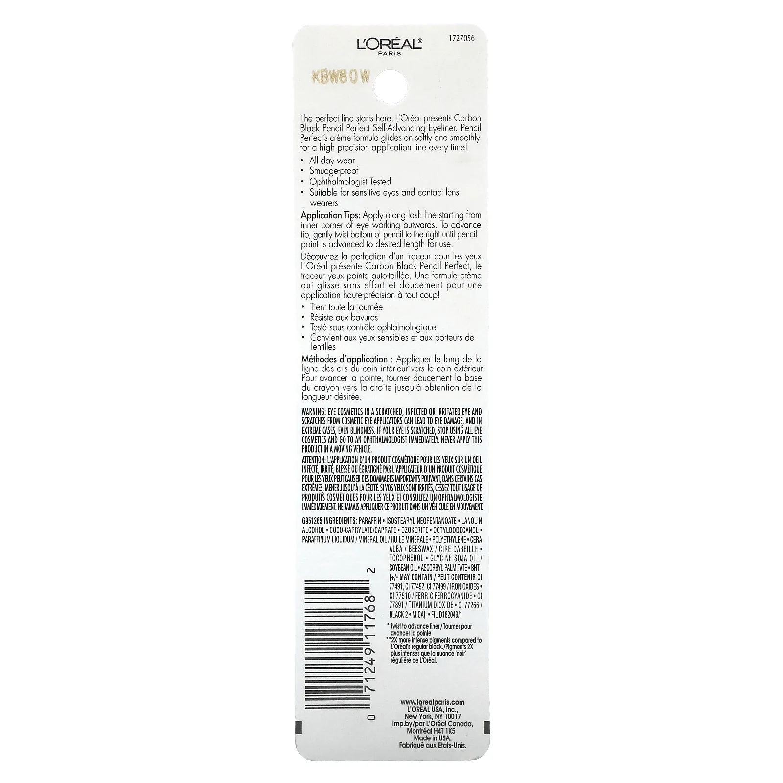 L'Oréal, Pencil Perfect, самоподводящая подводка для глаз, оттенок 190 угольная, 280 мг (0,01 унции)