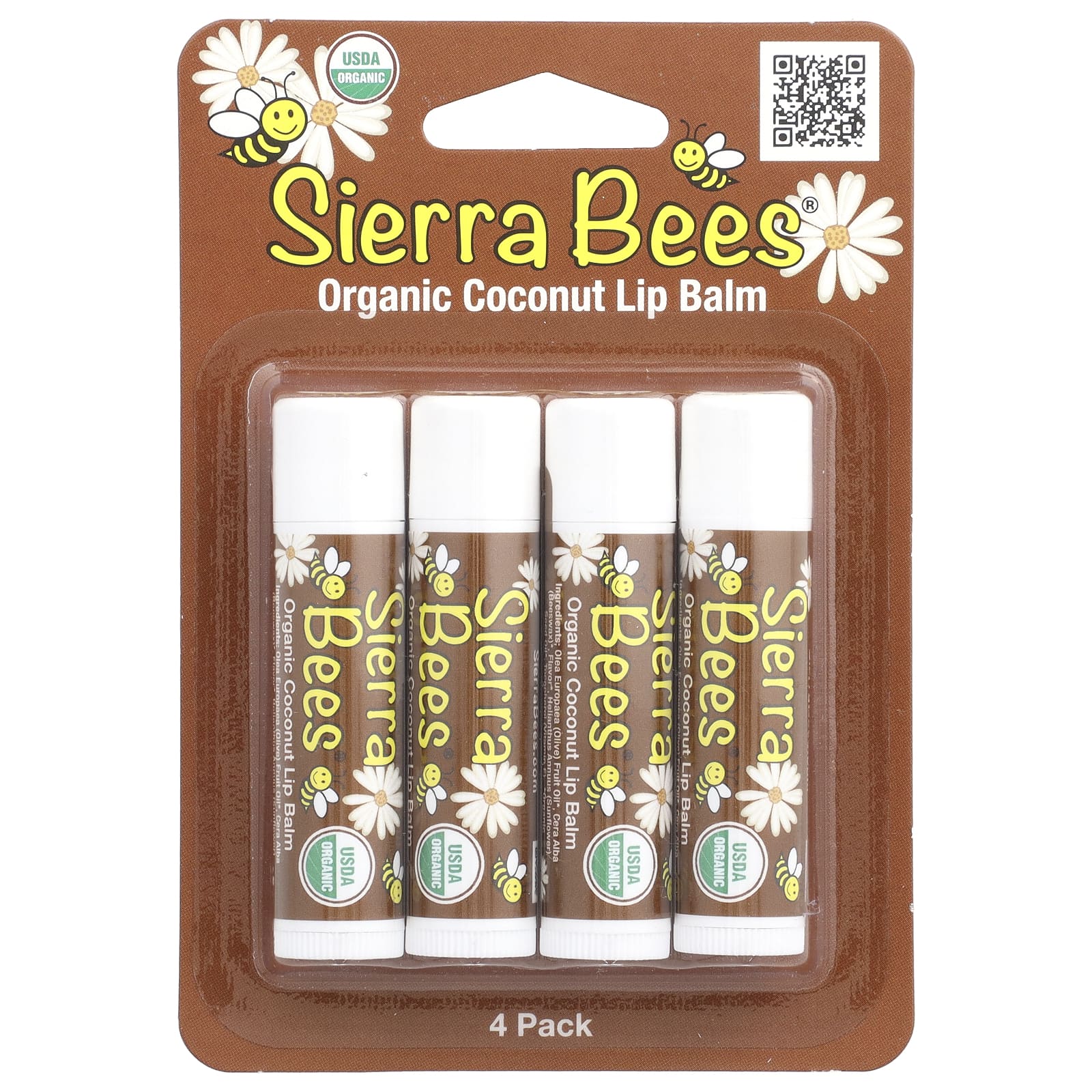 Sierra Bees, Органические бальзамы для губ, кокос, 4 шт. в упаковке, 4,25 г (0,15 унции) каждый