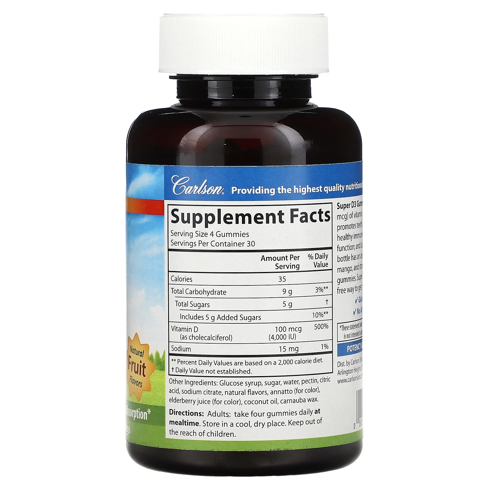 Carlson, Super D3, жевательный витамин D3, натуральный фруктовый вкус, 4000 МЕ, 120 вегетарианских жевательных таблеток (25 мкг (1000 МЕ) в 1 таблетке)