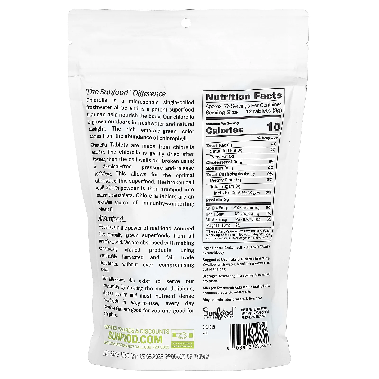 Sunfood, Хлорелла с разрушенной клеточной оболочкой в таблетках, 250 мг, 912 таблеток, 227 г (8 унций)