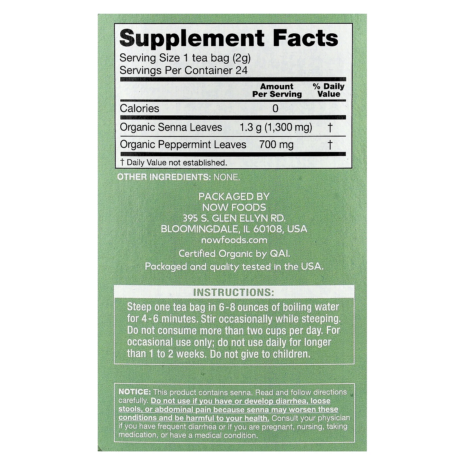 NOW Foods, give a Tea ™, органическая сенна и мята, без кофеина, 24 чайных пакетика, 48 г (1,7 унции)