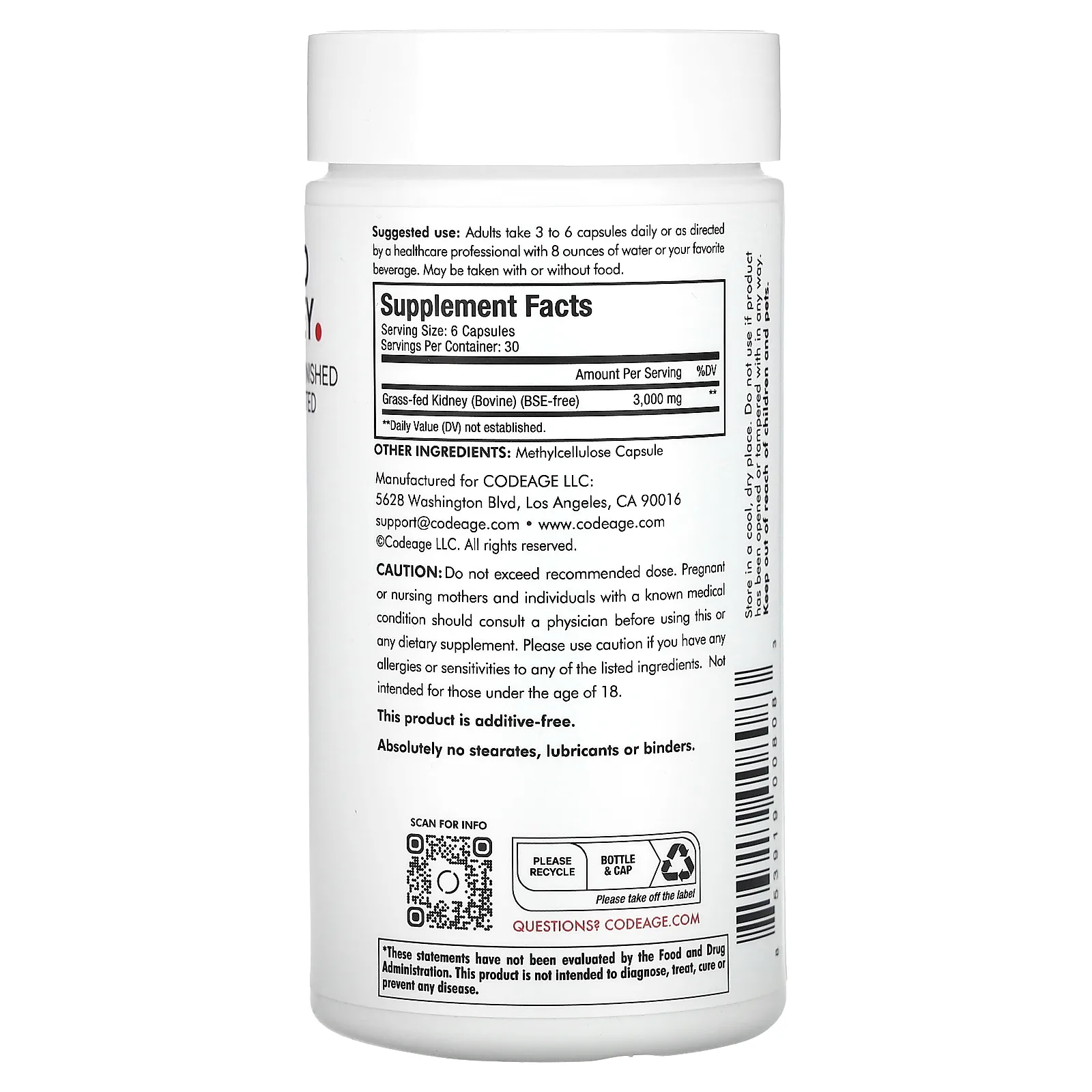 Codeage, Говяжьи почки, выращенные на пастбищах, 180 капсул