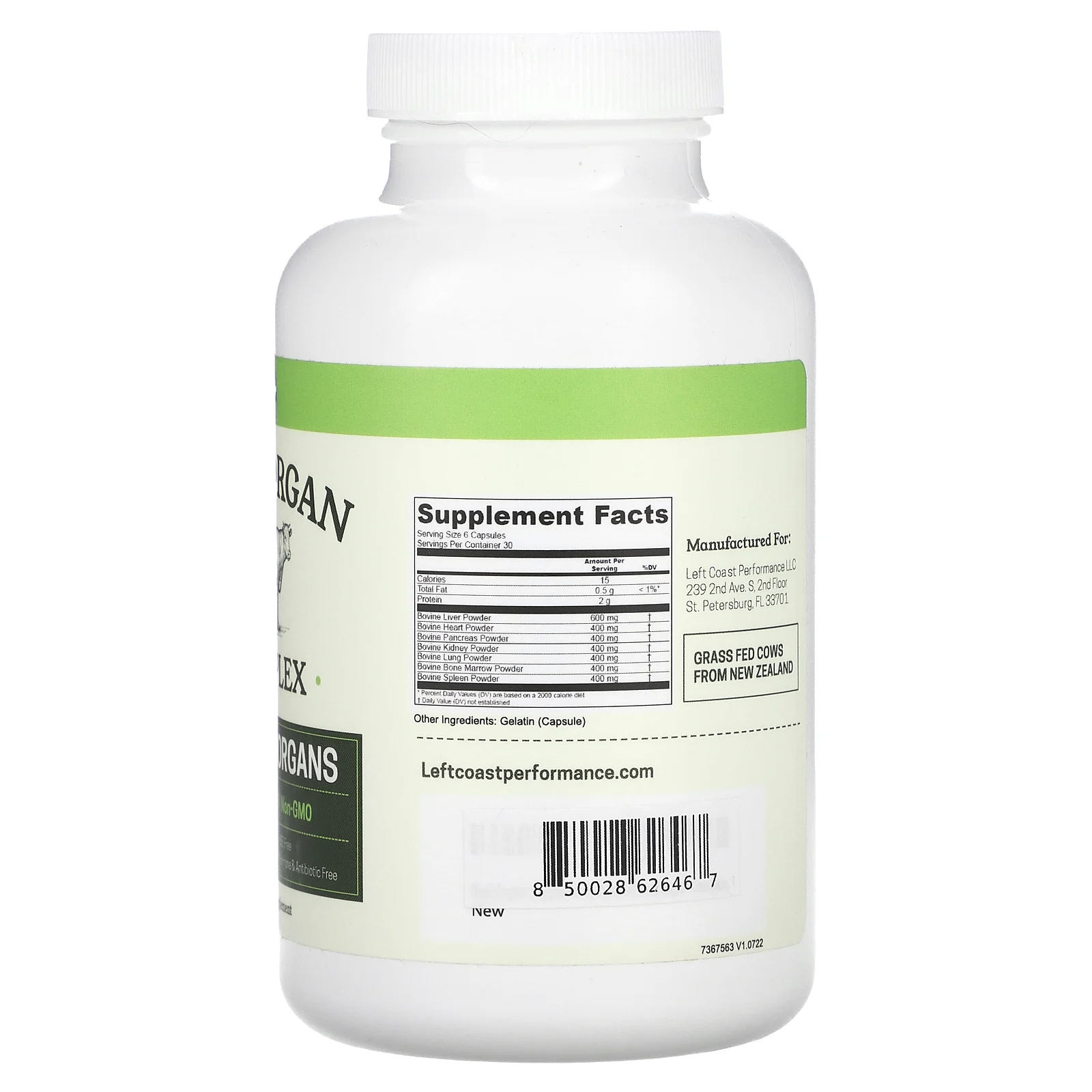 Left Coast Performance, Beef Organ Complex, комплекс из говядины, 180 капсул