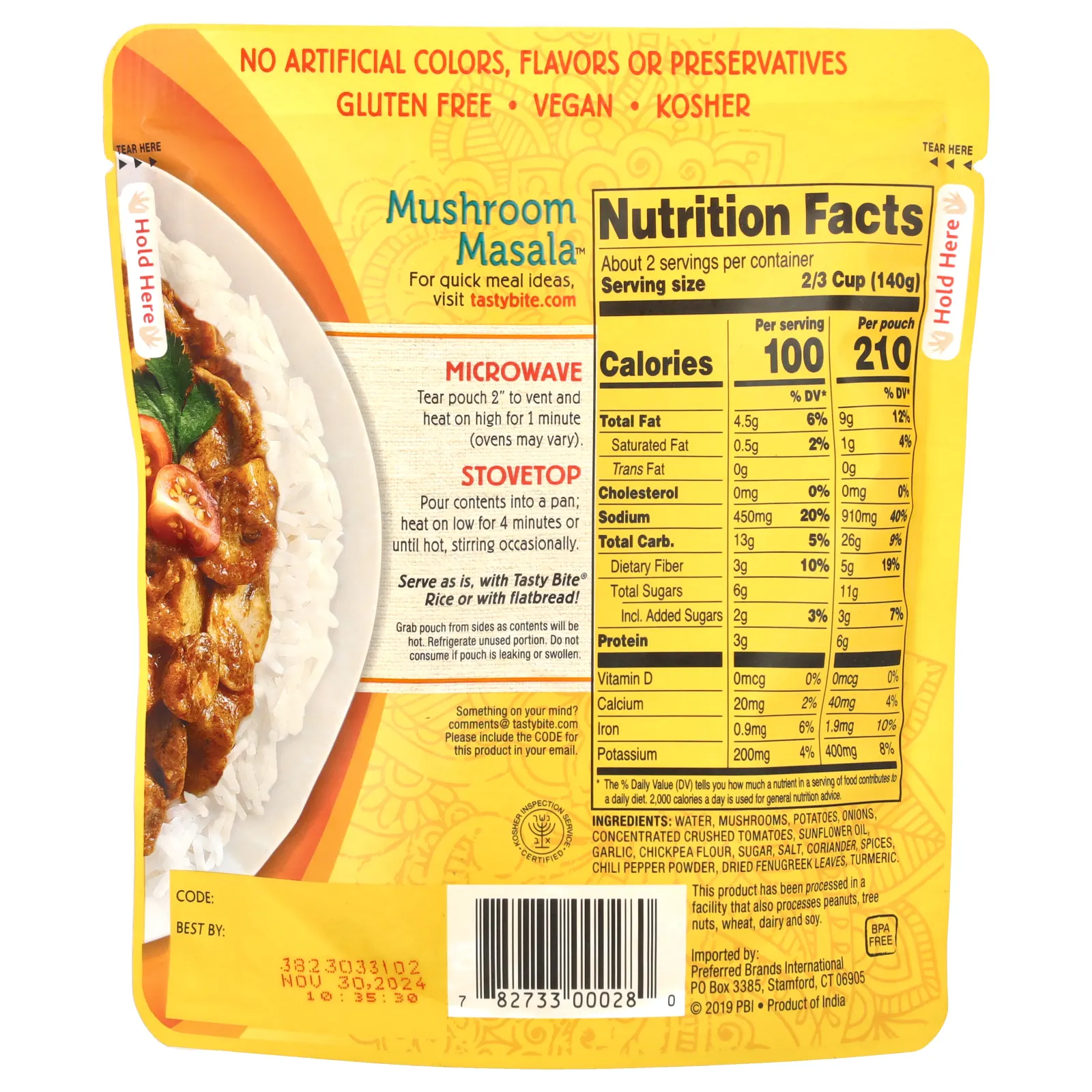 Tasty Bite, Масала с индийскими грибами, средняя, 285 г (10 унций)