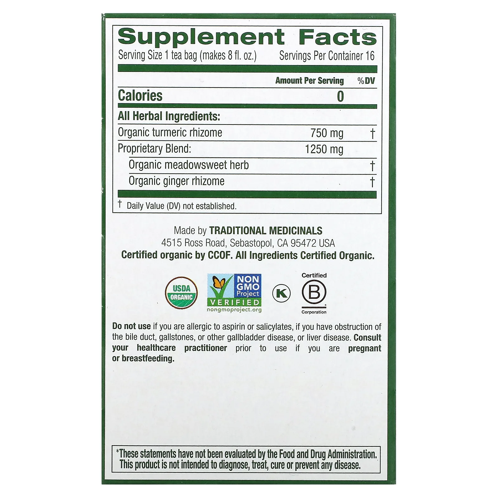 Traditional Medicinals, Органическая куркума с таволгой и имбирем, без кофеина, 16 чайных пакетиков в упаковке, 32 г (1,13 унции)