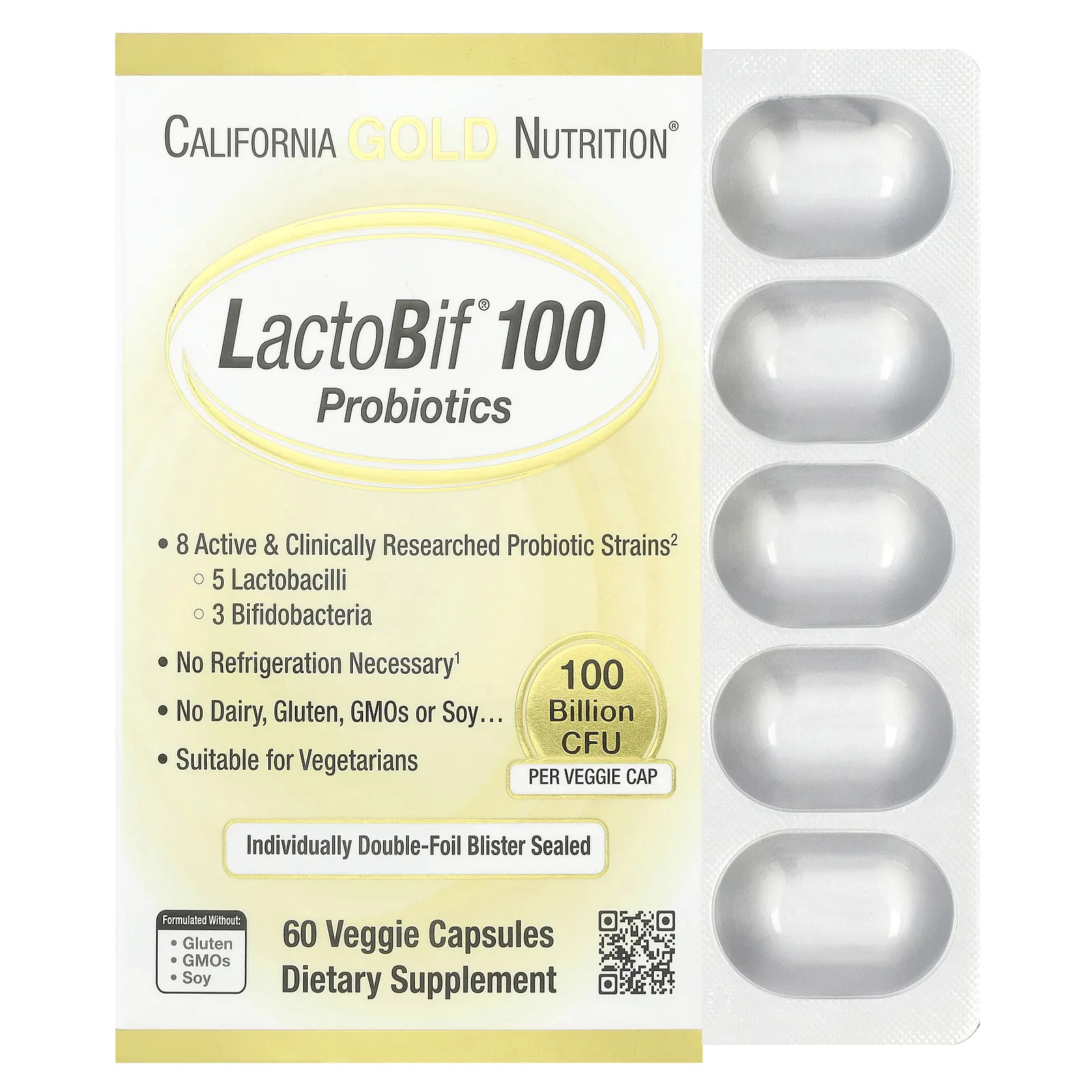 California Gold Nutrition, LactoBif® 100, пробиотики из 5 лактобактерий и 3 бифидобактерий, 100 млрд КОЕ, 60 растительных капсул