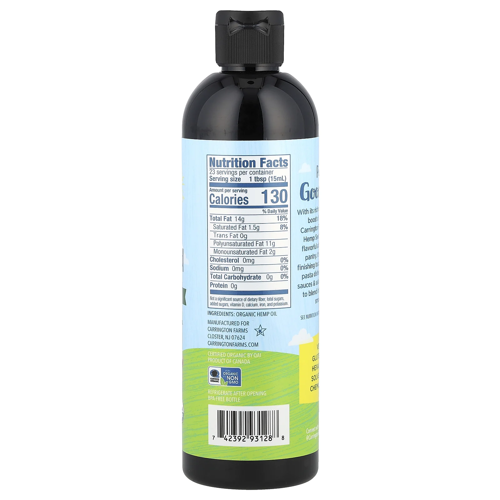 Carrington Farms, Органическое масло семян конопли, холодного отжима, 355 мл (12 жидк. унц.)
