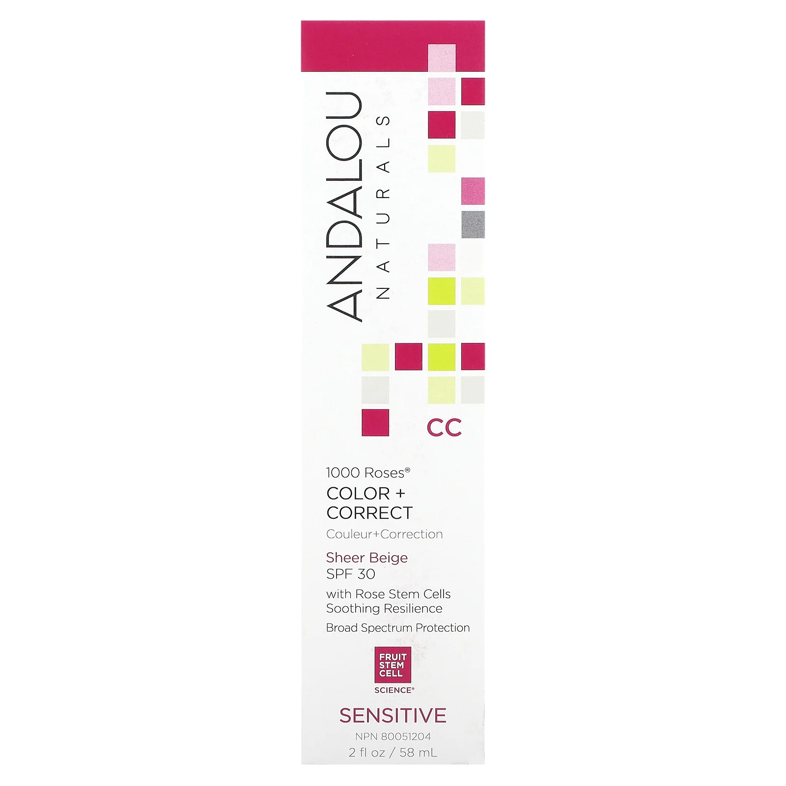 Andalou Naturals, 1000 роз, CC Color + Correct, для чувствительной кожи, SPF 30, чистый бежевый, 58 мл (2 жидк. унции)