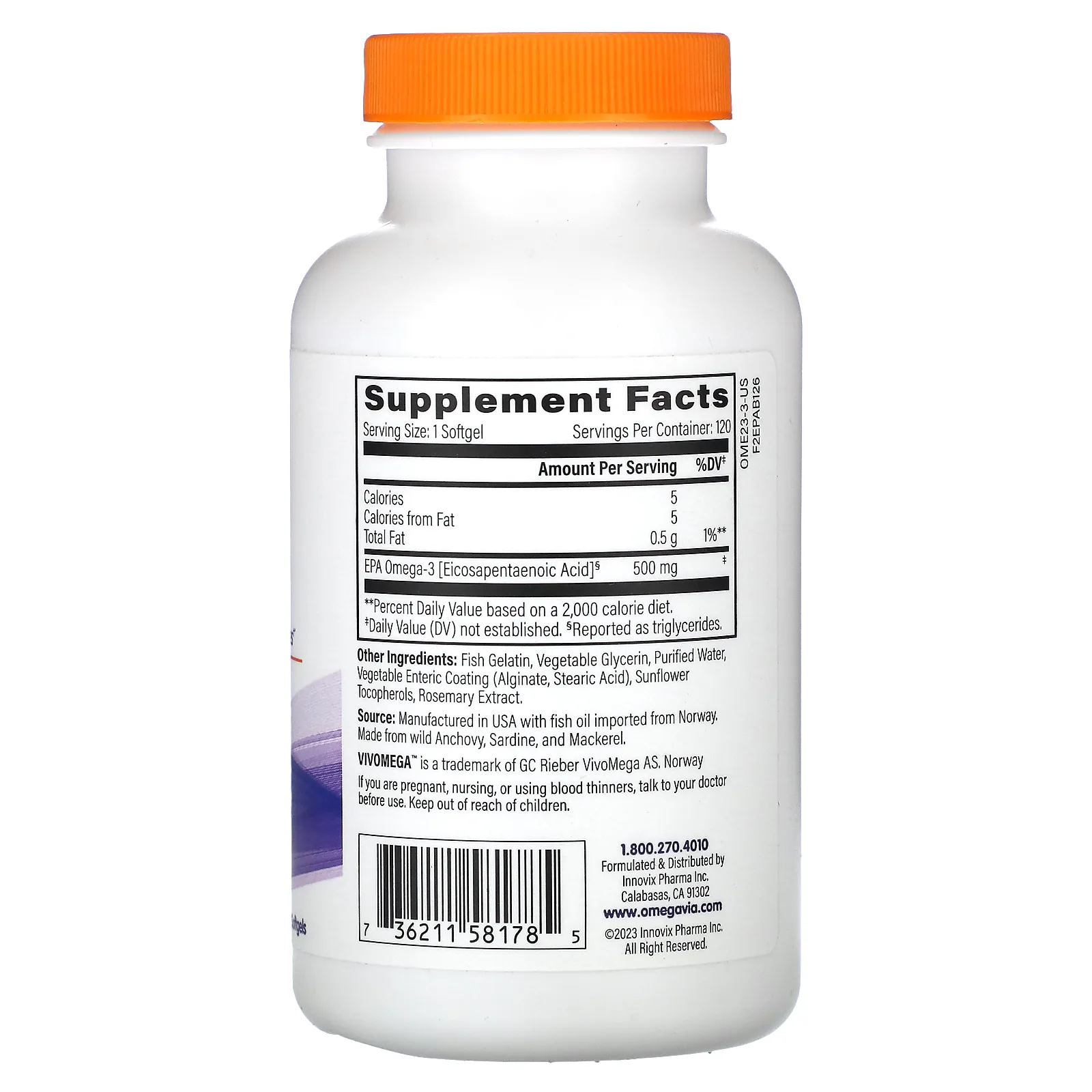 OmegaVia, ЭПК 500, омега-3, 500 мг, 120 капсул