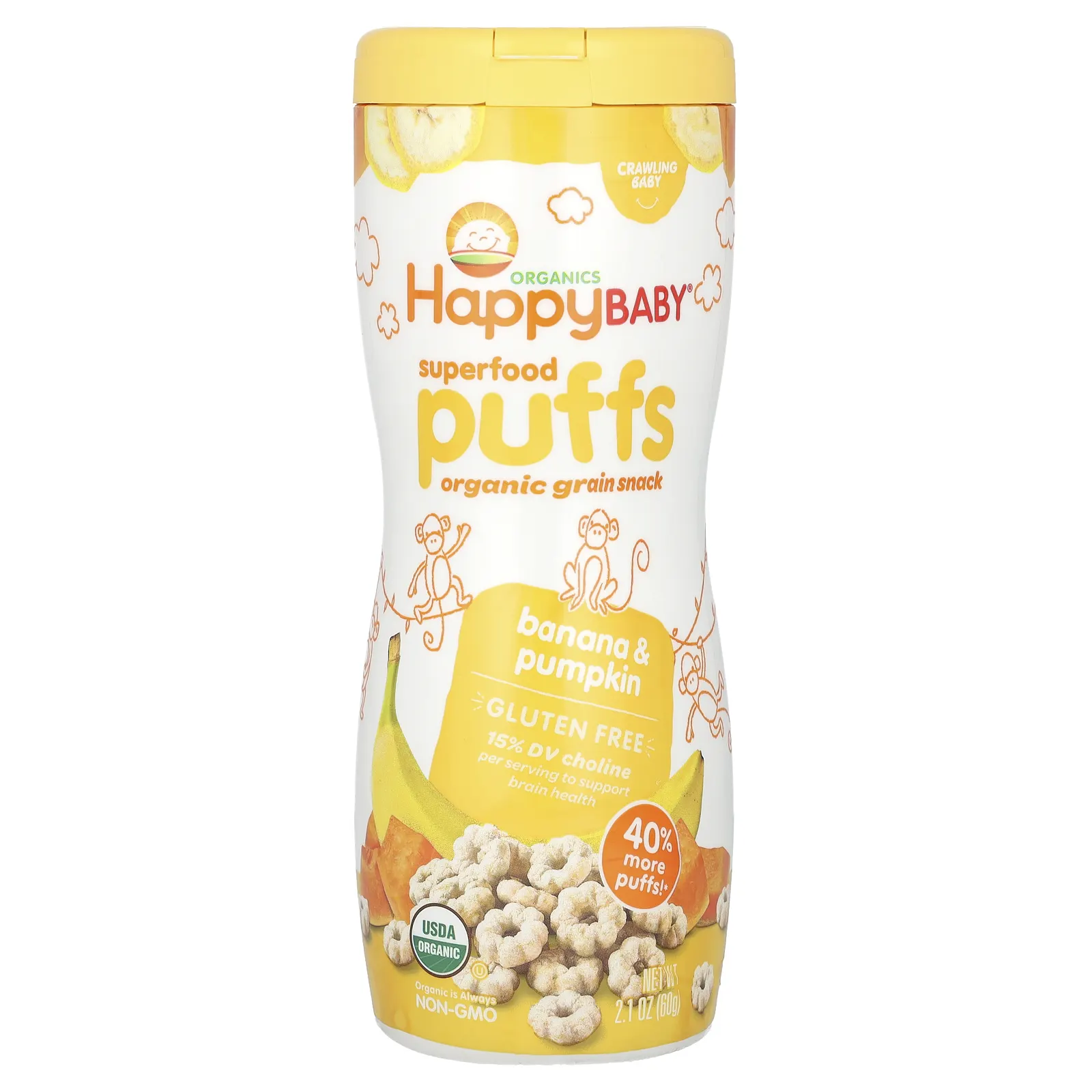 Happy Family Organics, колечки из суперфудов, органический злаковый снек, банан и тыква, 60 г (2,1 унции)