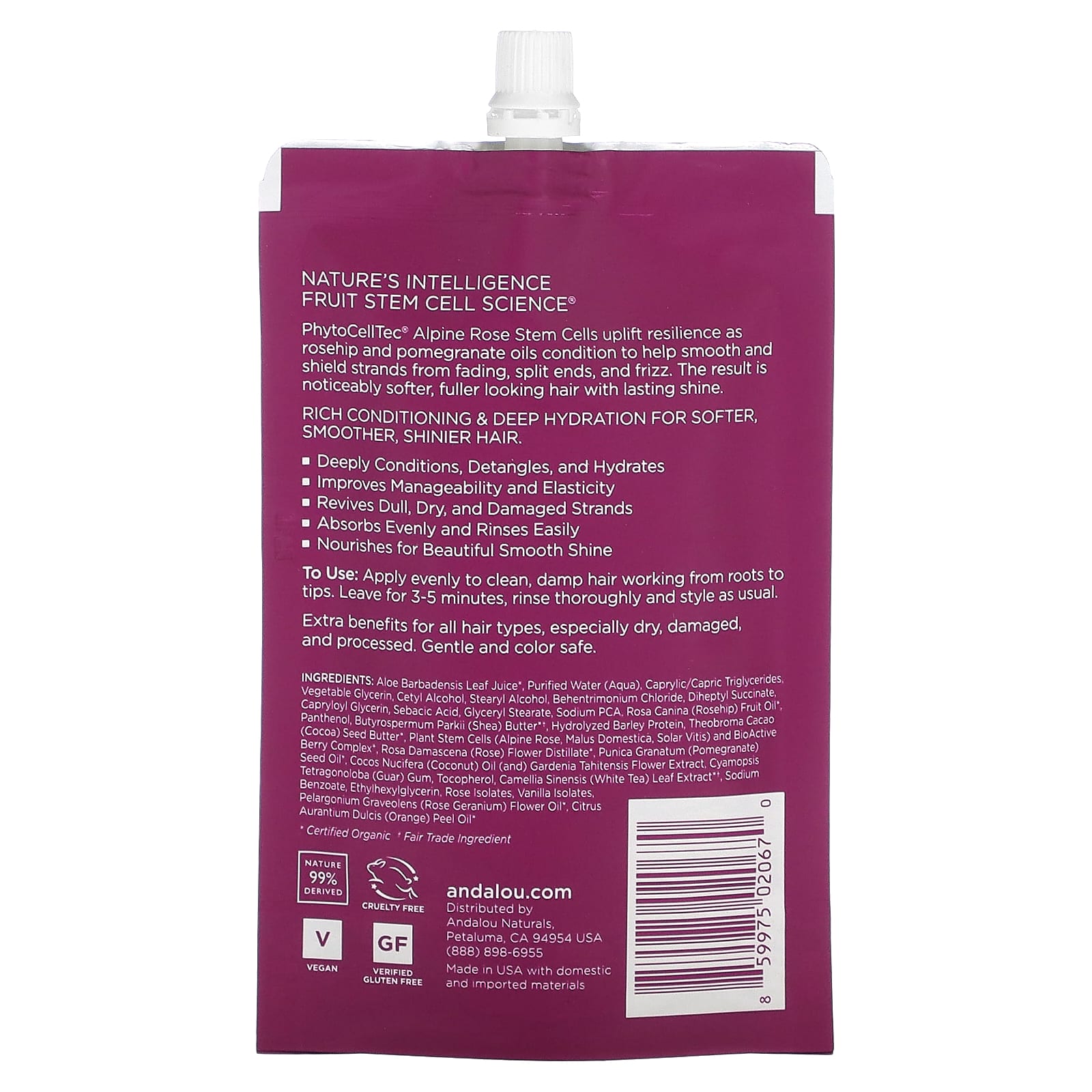 Andalou Naturals, 1000 Roses, маска для волос глубокого кондиционирования, уход за цветом, 44 мл (1,5 жидк. Унции)