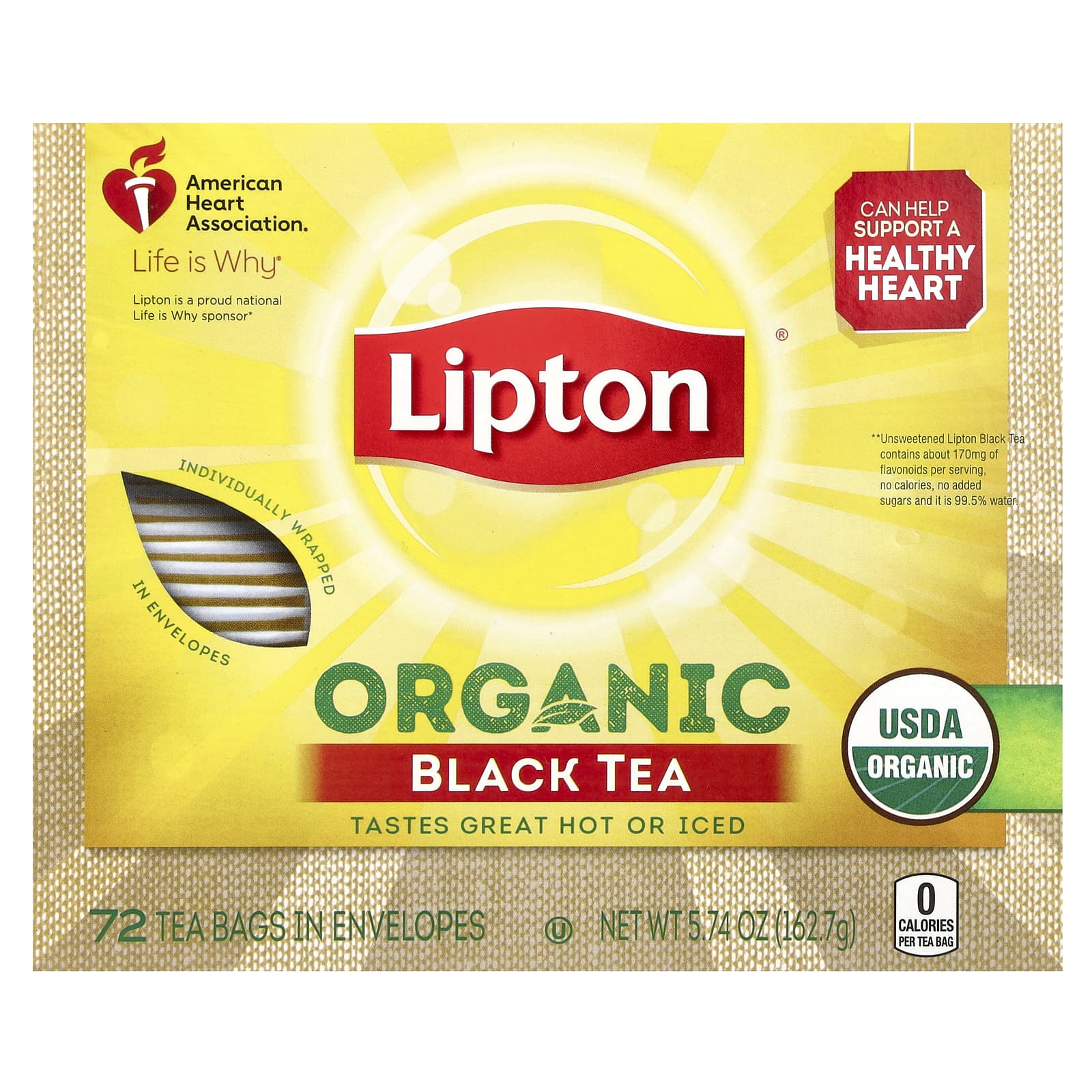 Lipton, Органический черный чай, 72 чайных пакетика в конвертах, 162,7 г (5,74 унции)