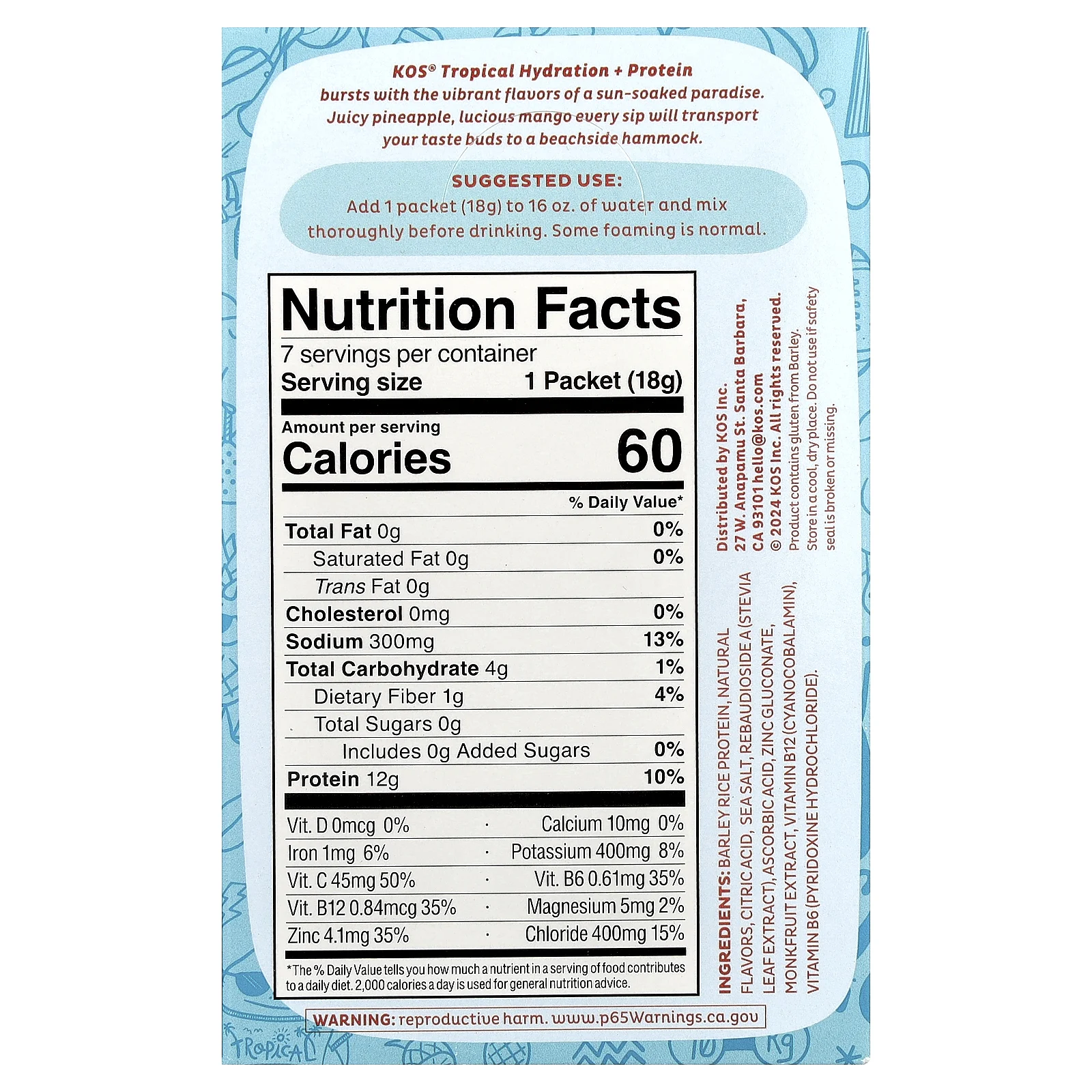 KOS, Hydration + Protein, освежающая смесь для напитков, тропические фрукты, 7 пакетиков по 18 г (0,65 унции)