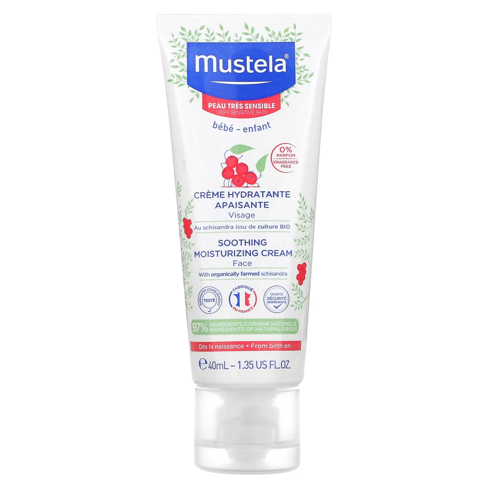 Mustela, Успокаивающий увлажняющий крем для лица с лимонником, без отдушек, 40 мл (1,35 жидк. Унции)