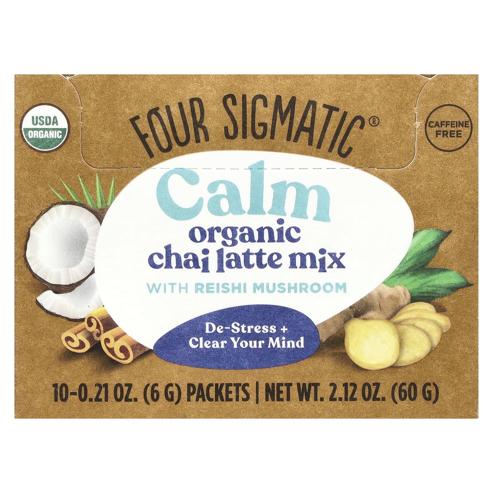 Four Sigmatic, Calm, смесь для приготовления органического латте с грибами рейши, без кофеина, 10 пакетиков по 6 г (0,21 унции)