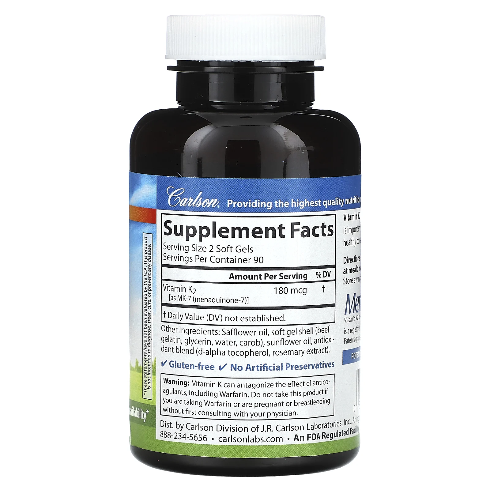 Carlson, витамин K2, 180 мкг, 180 капсул (90 мкг в 1 капсуле)