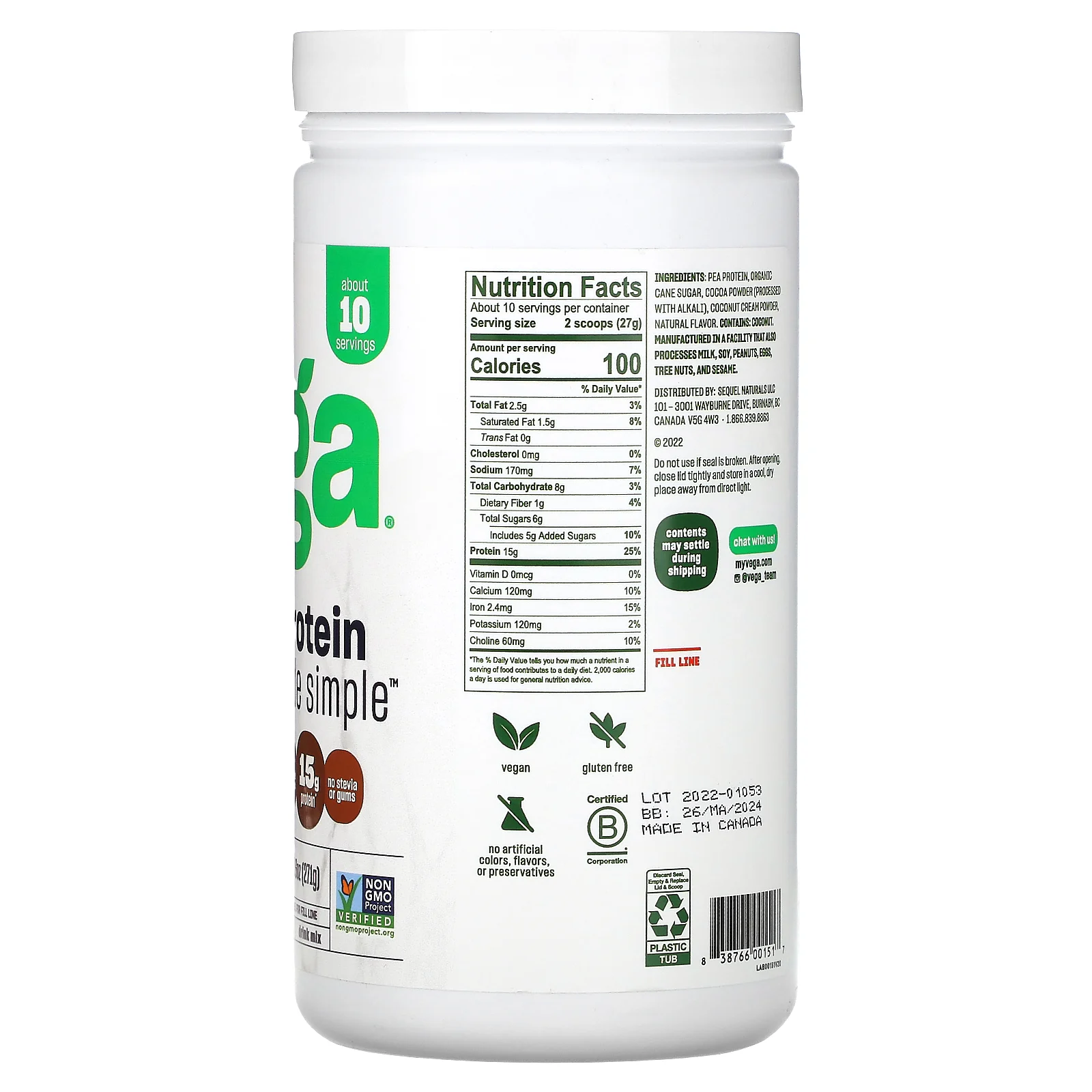 Vega, растительный протеин, со вкусом темного шоколада, 271 г (9,6 унции)