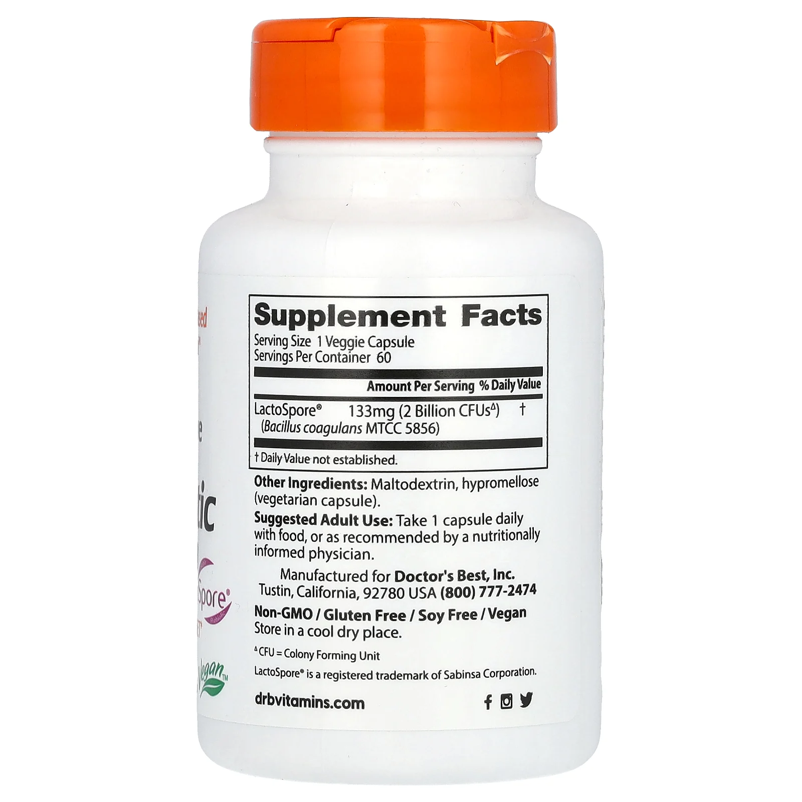 Doctor's Best, Digestive Health, пробиотик для пищеварительной системы, 2 млрд КОЕ, с LactoSpore, 60 растительных капсул