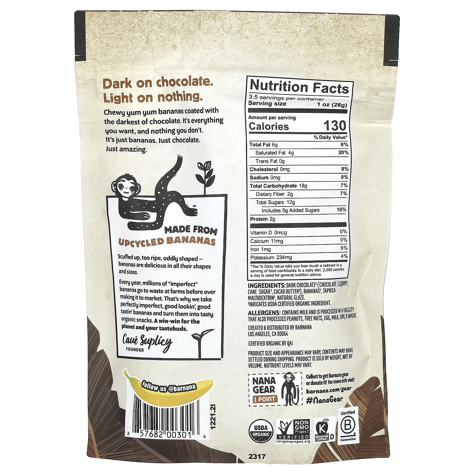 Barnana, мягкие глазированные кусочки банана, темный шоколад, 100 г (3,5 унции)