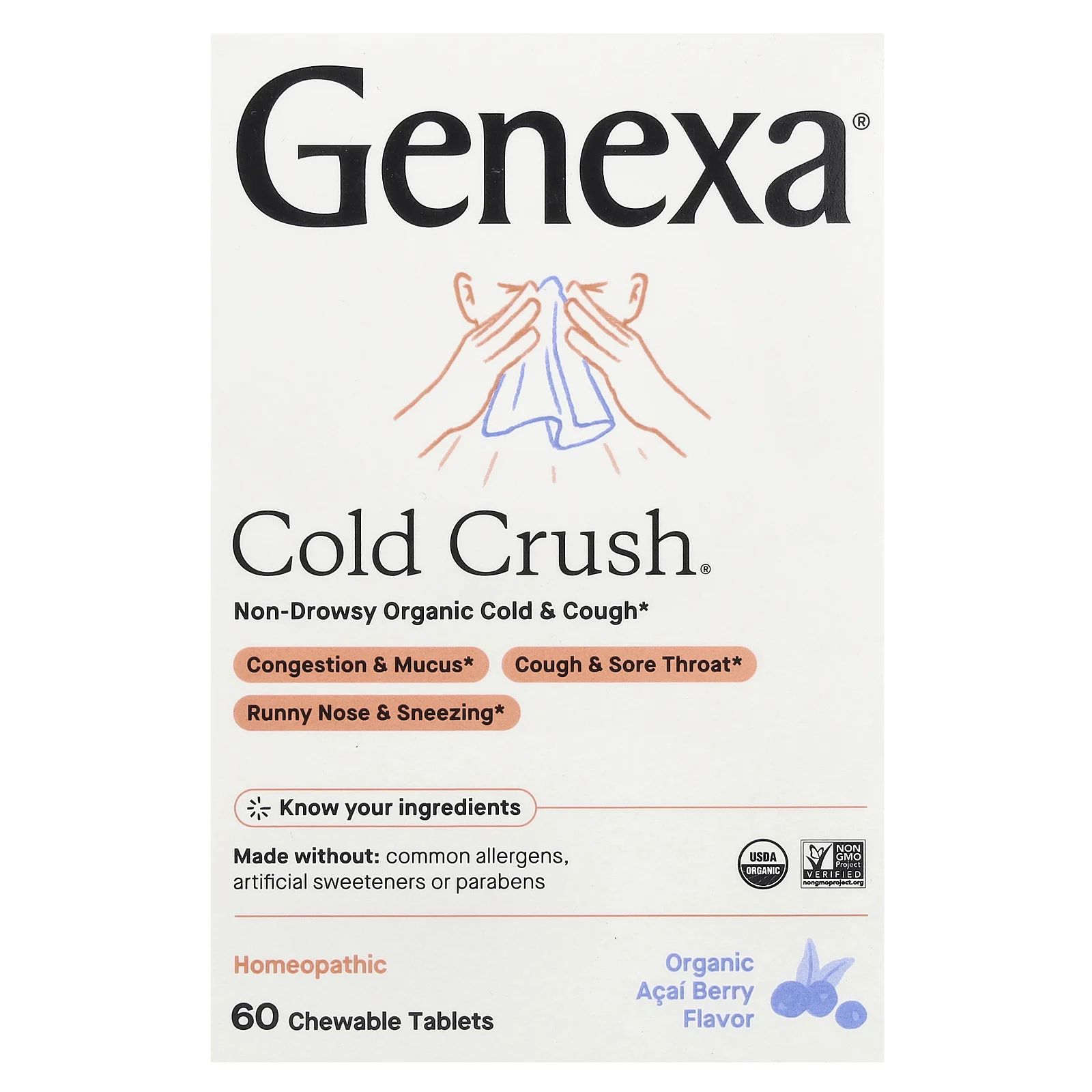 Genexa, Cold Crush, от простуды и кашля, органические ягоды асаи, 60 жевательных таблеток