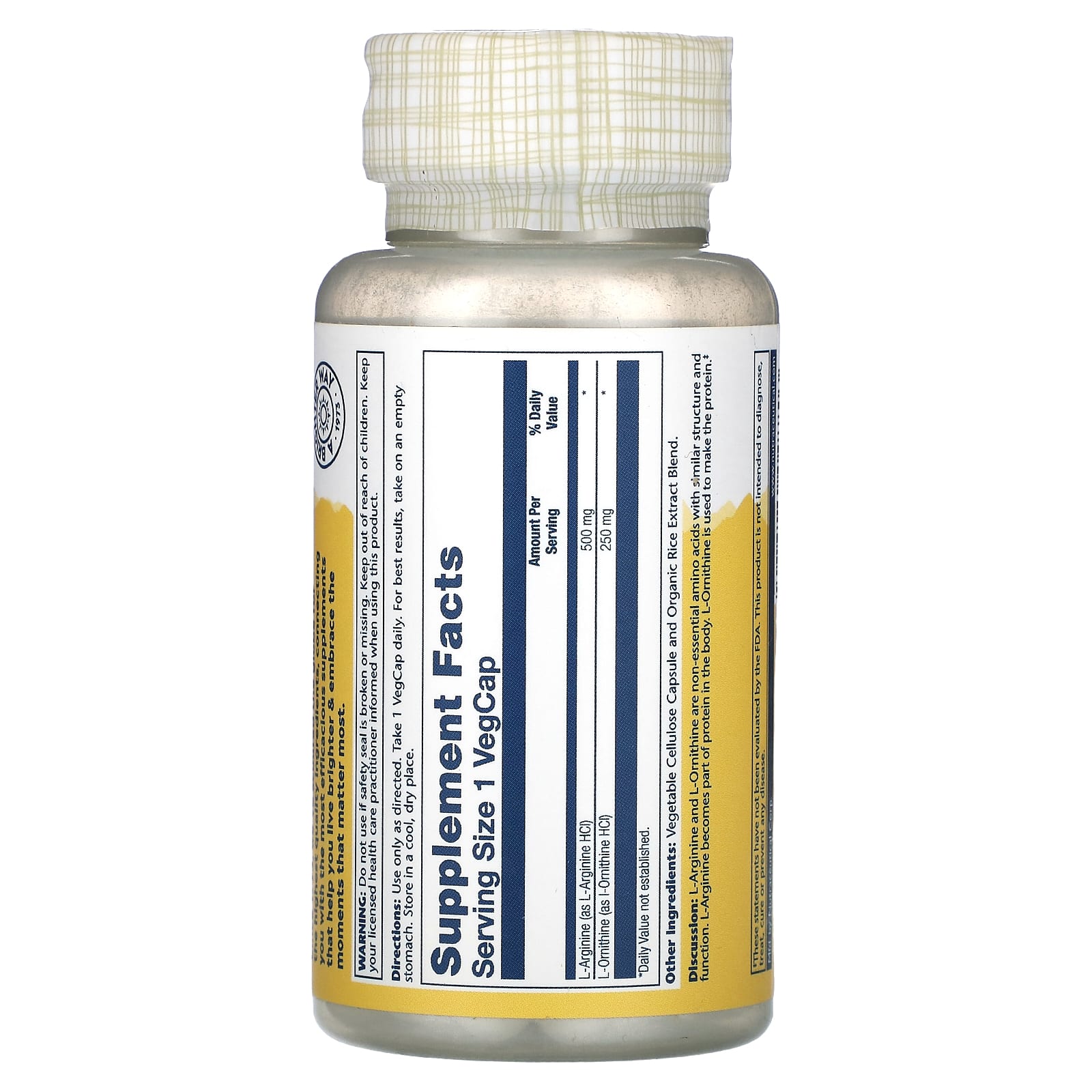 Solaray, L-аргинин L-орнитин, 750 мг, 50 растительных капсул