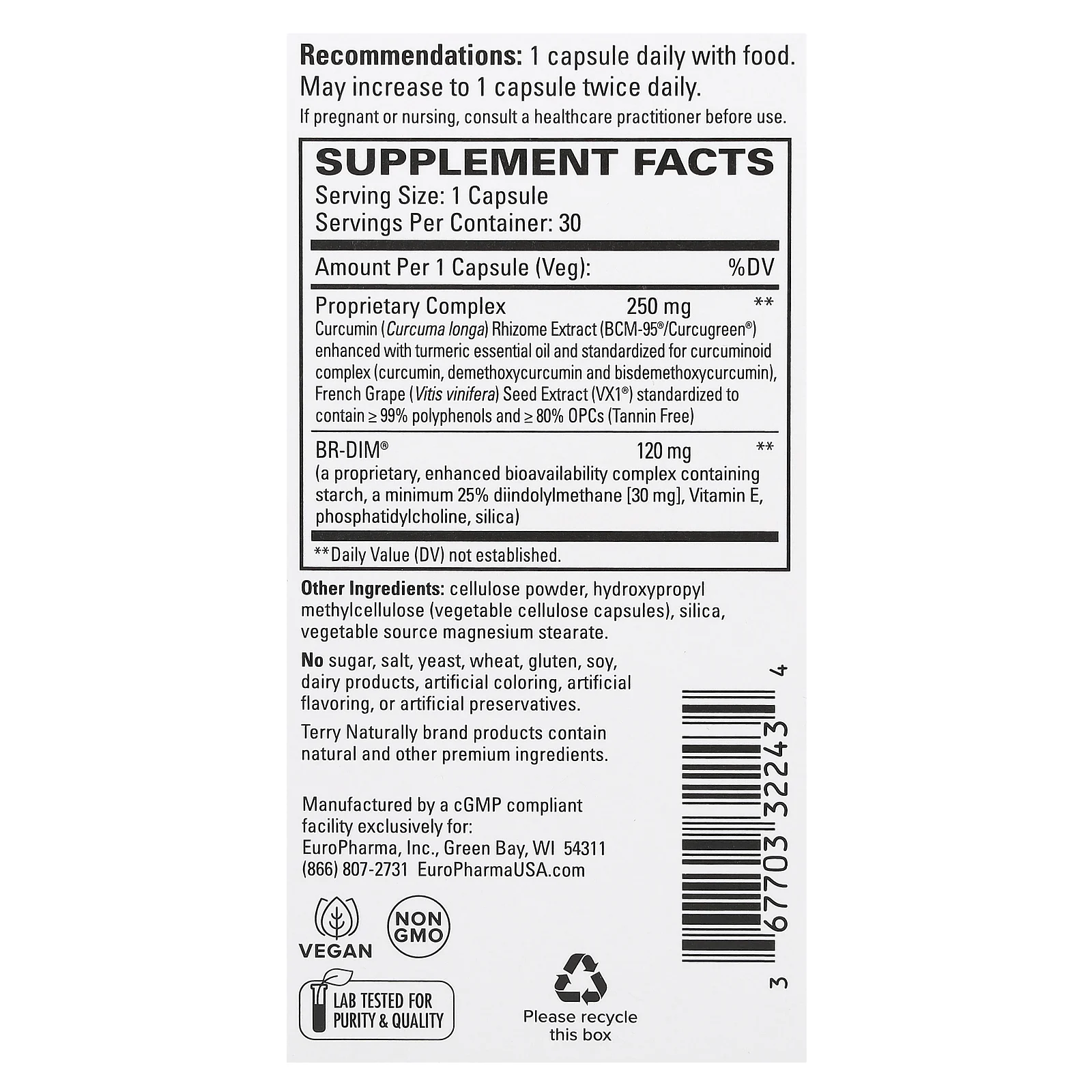 Terry Naturally, комплекс для затемнения с куркумином Bcm-95, 30 капсул