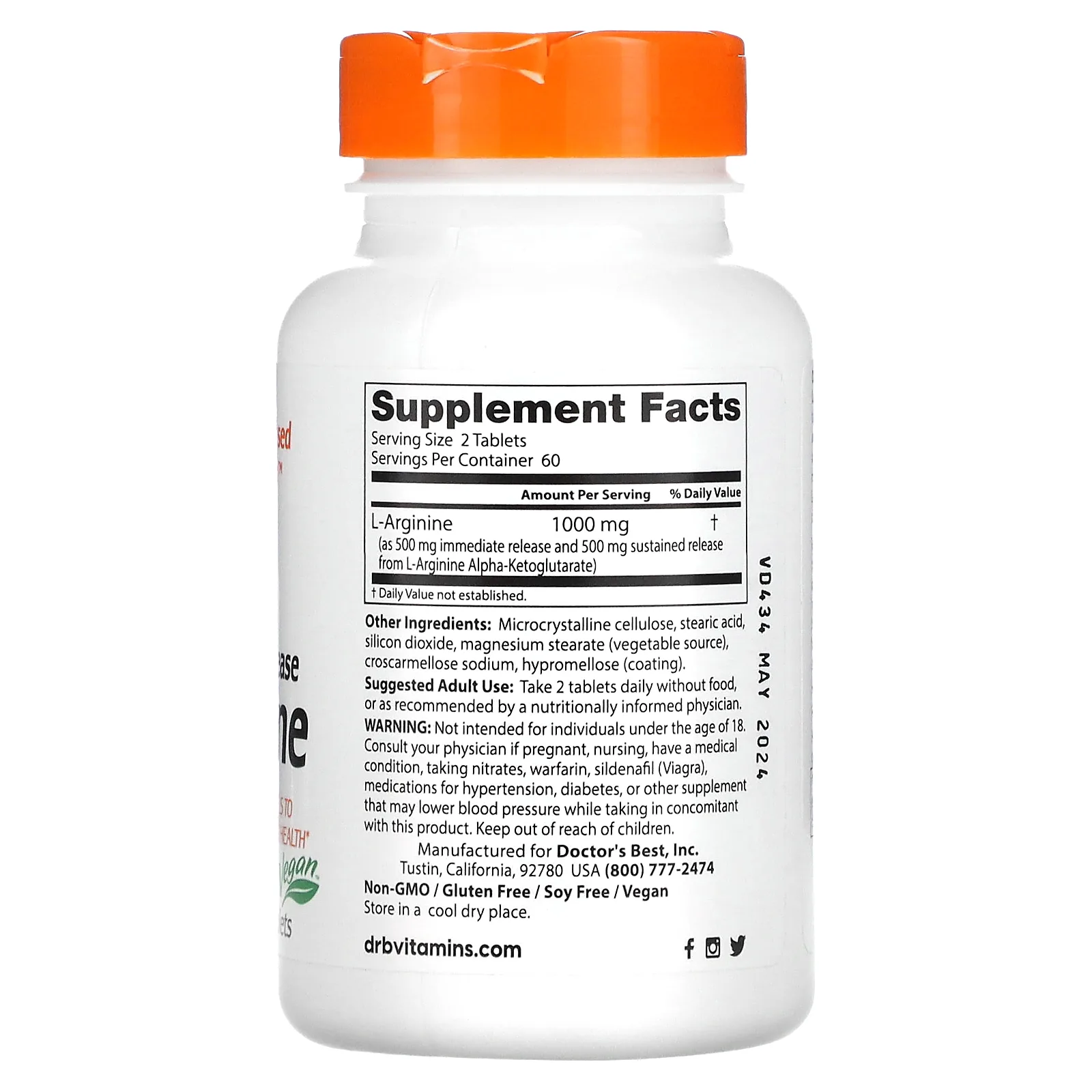 Doctor's Best, L-аргинин длительного и быстрого высвобождения, 500 мг, 120 двухслойных таблеток