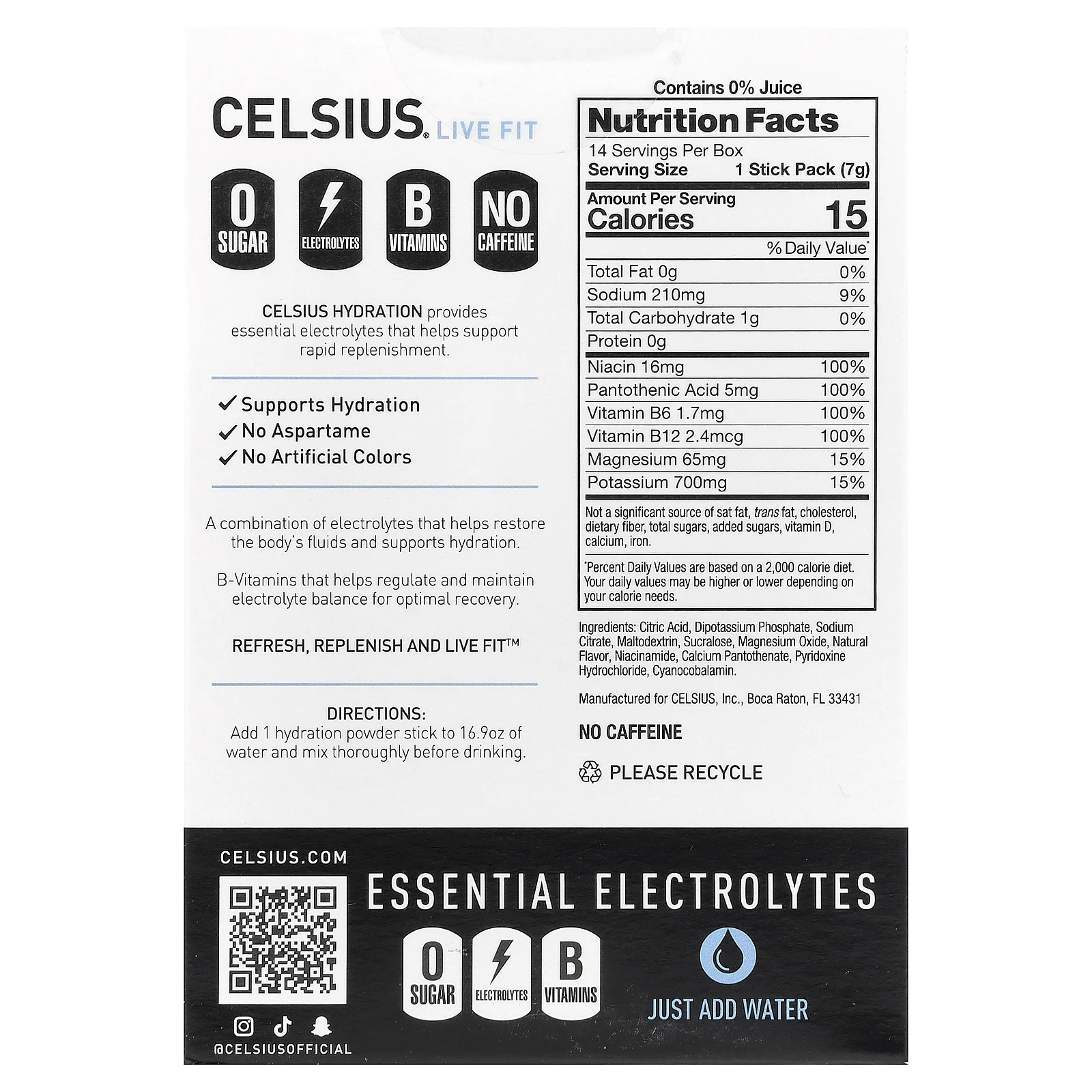 Celsius, Live Fit, увлажнение, незаменимые электролиты, без кофеина, арктическая вишня, 14 стиков в виде порошка, по 7,43 г (0,26 унции)