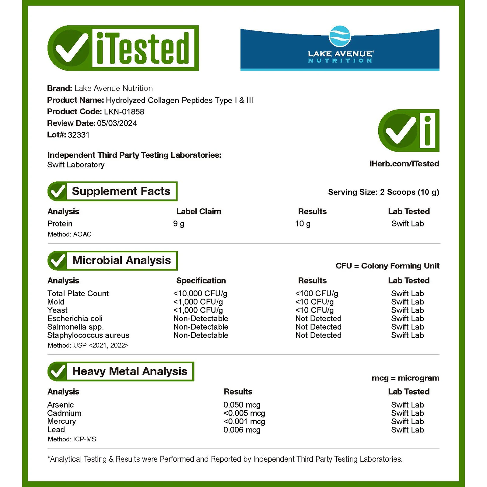 Lake Avenue Nutrition, пептиды гидролизованного коллагена типов I и III, без добавок, 460 г (1,01 фунта)