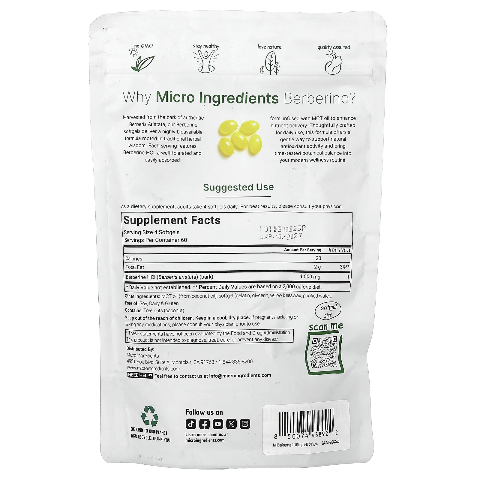 Micro Ingredients, берберин, 240 капсул (250 мг в 1 капсуле)