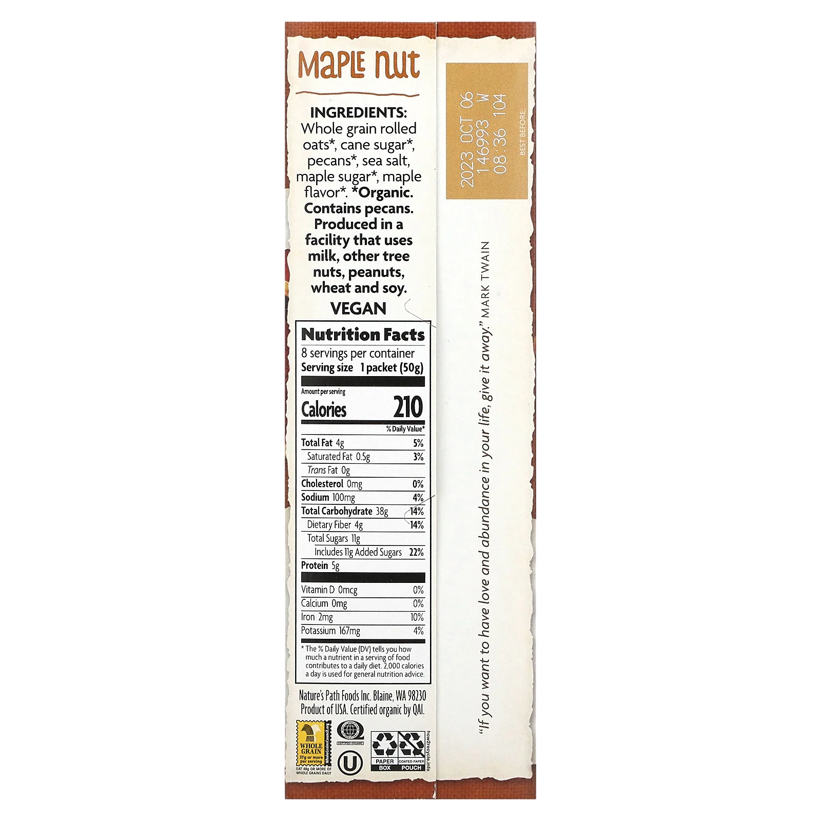 Nature's Path, Органическая овсянка быстрого приготовления, кленовый орех, 8 пакетиков, 400 г (14 унций)