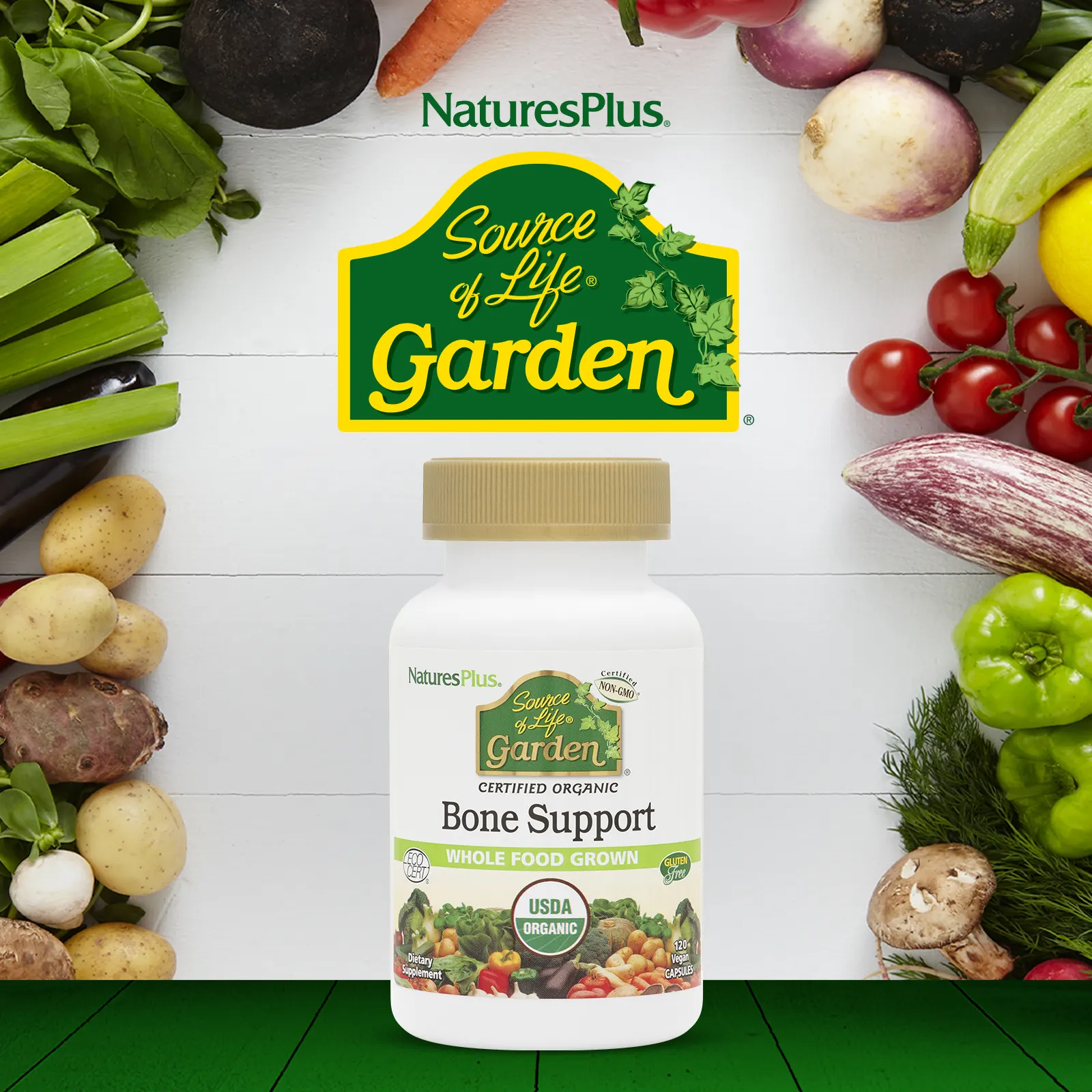 NaturesPlus, Source of Life Garden, органическая поддержка здоровья костей, 120 растительных капсул