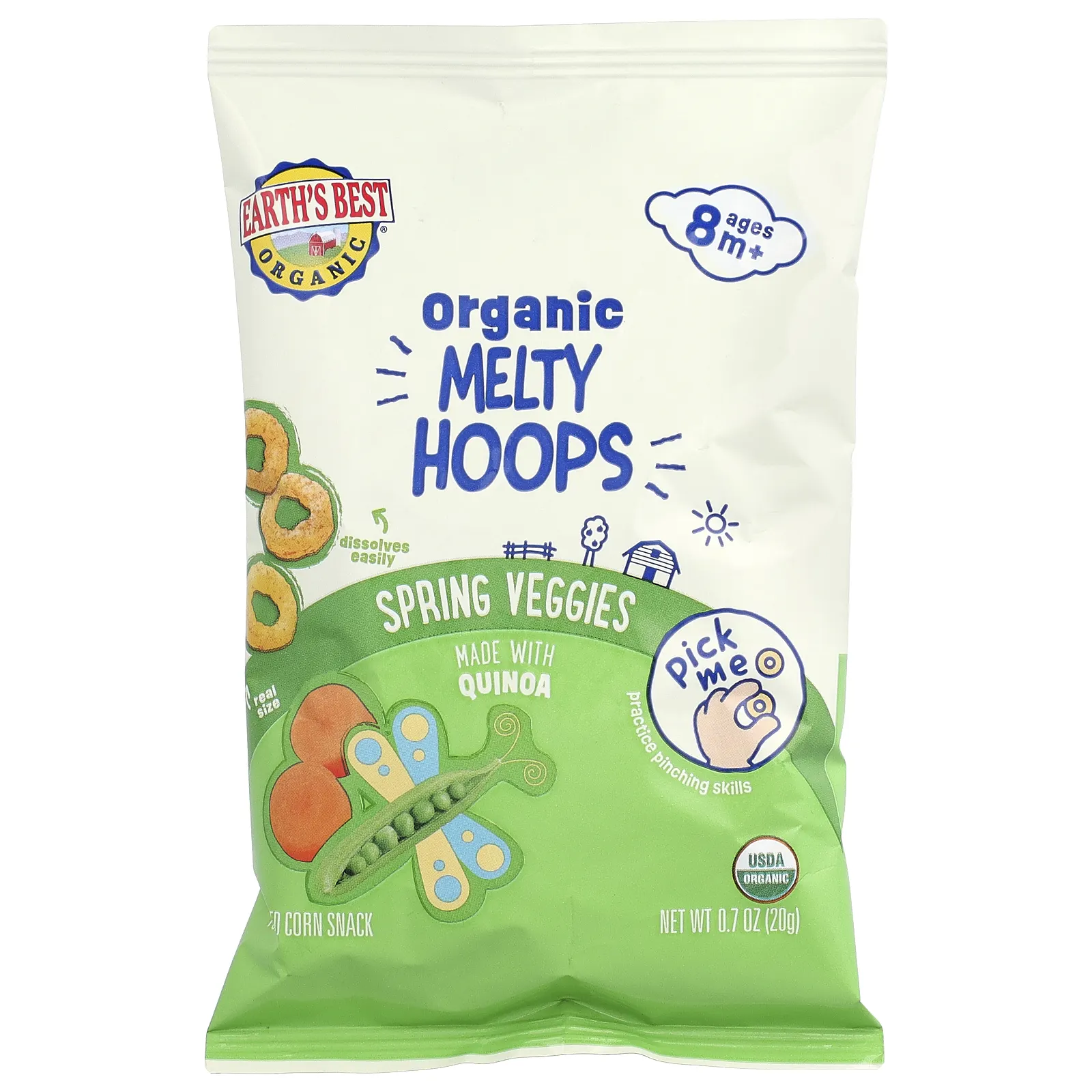 Earth's Best, Melty Hoops, органический снек из кукурузной муки, для детей от 8 месяцев, весенние овощи, 20 г (0,7 унции)