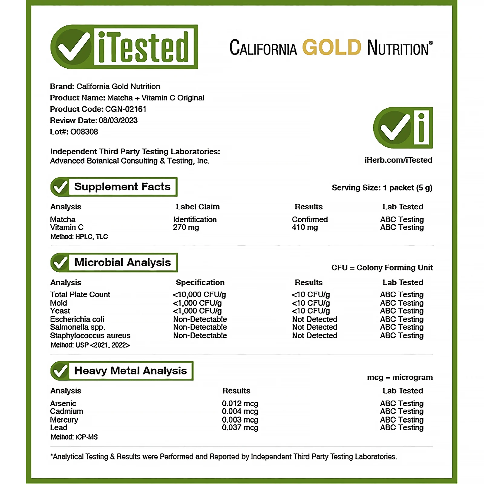 California Gold Nutrition, МАТЧА ДОРОГА, матча + витамин С - оригинальный продукт, 10 шт.