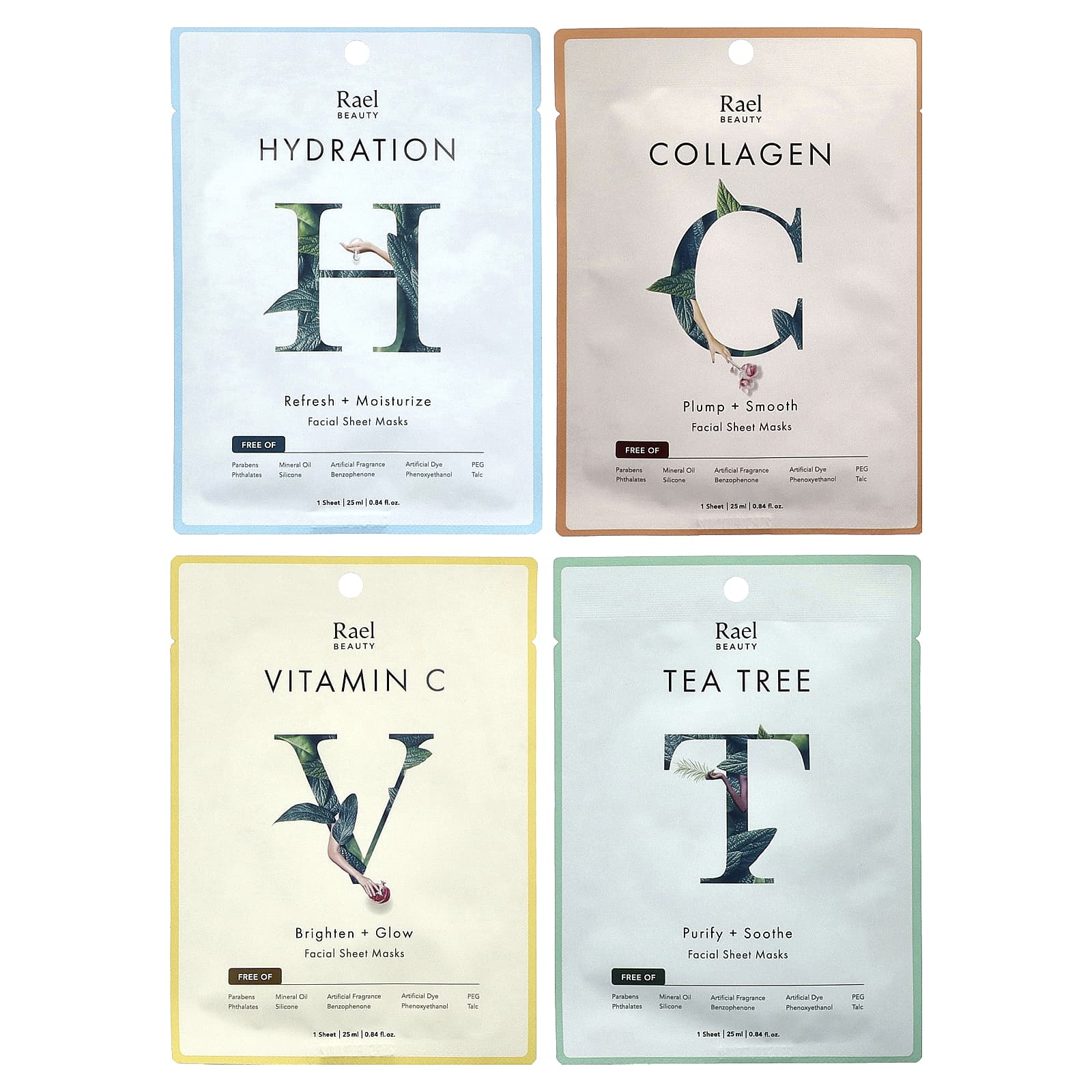 Rael, набор масок для ухода за кожей, 4 шт., по 25 мл (0,84 жидк. унции)