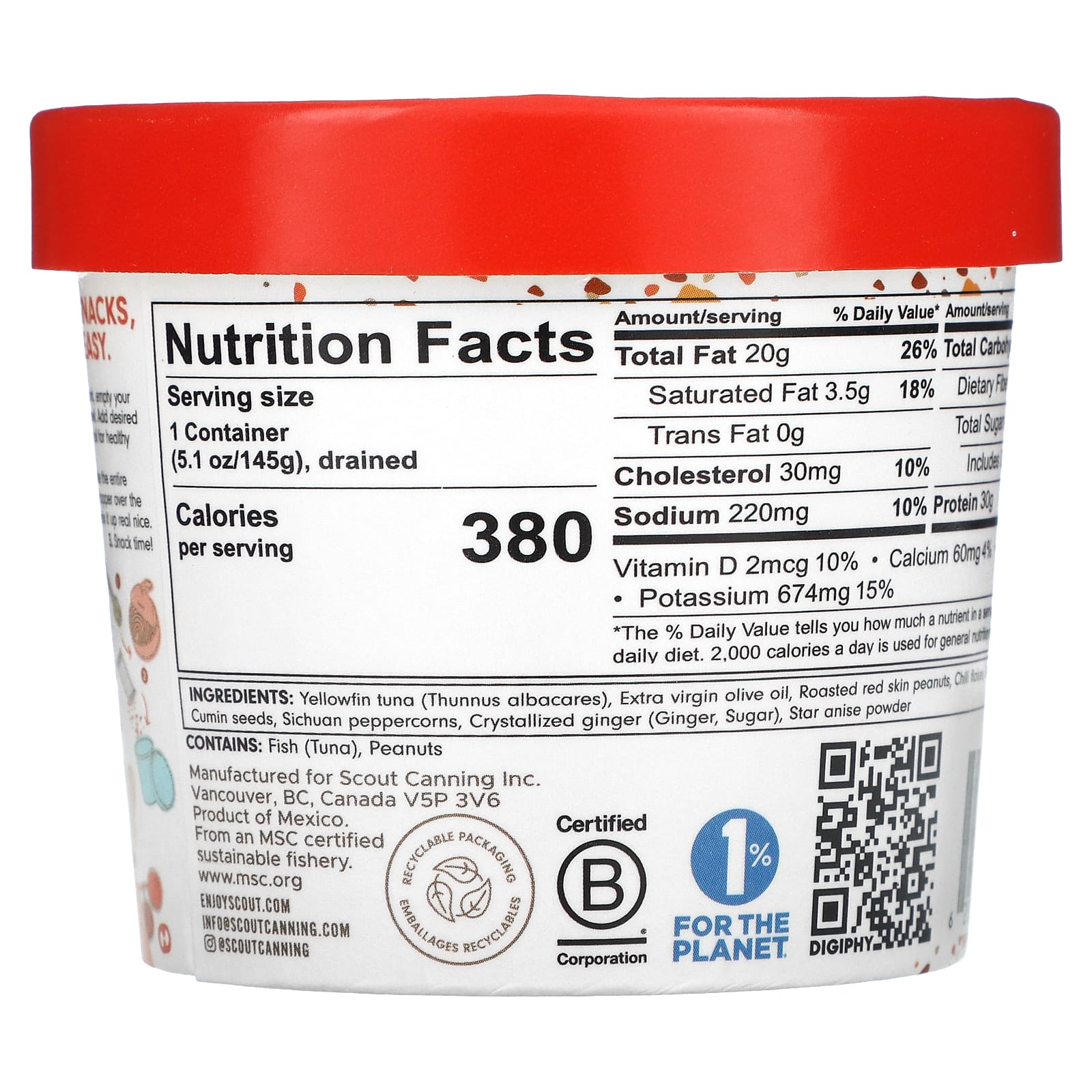 Scout, Seafood Snacks, дикий желтоперый тунец в оливковом масле + хрустящий топпер с чили, 145 г (5,1 унции)