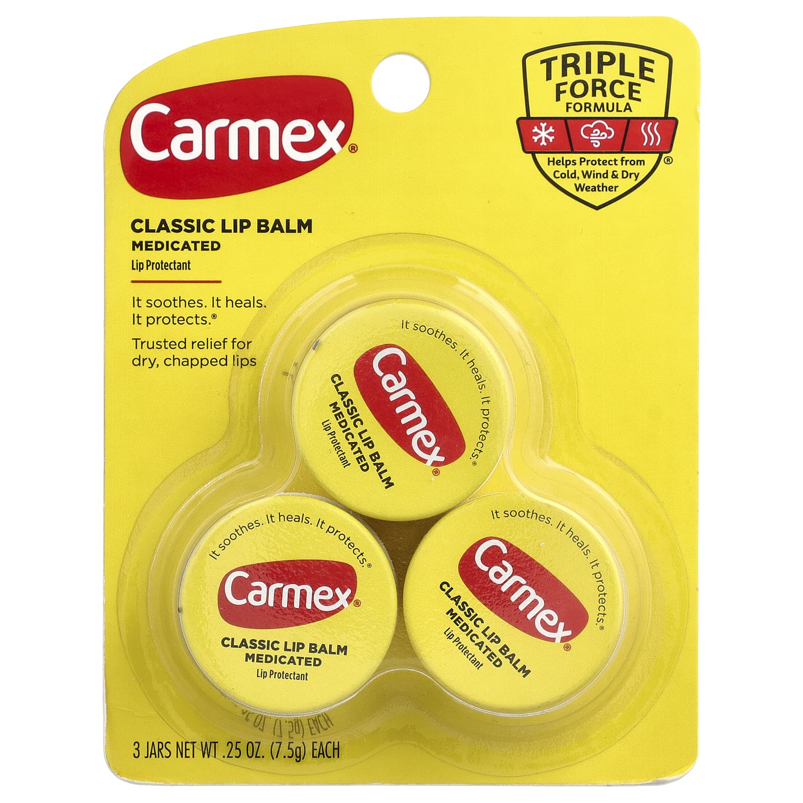 Carmex, классический бальзам для губ, лечебный, 3 баночки по 7,5 г (0,25 унции)