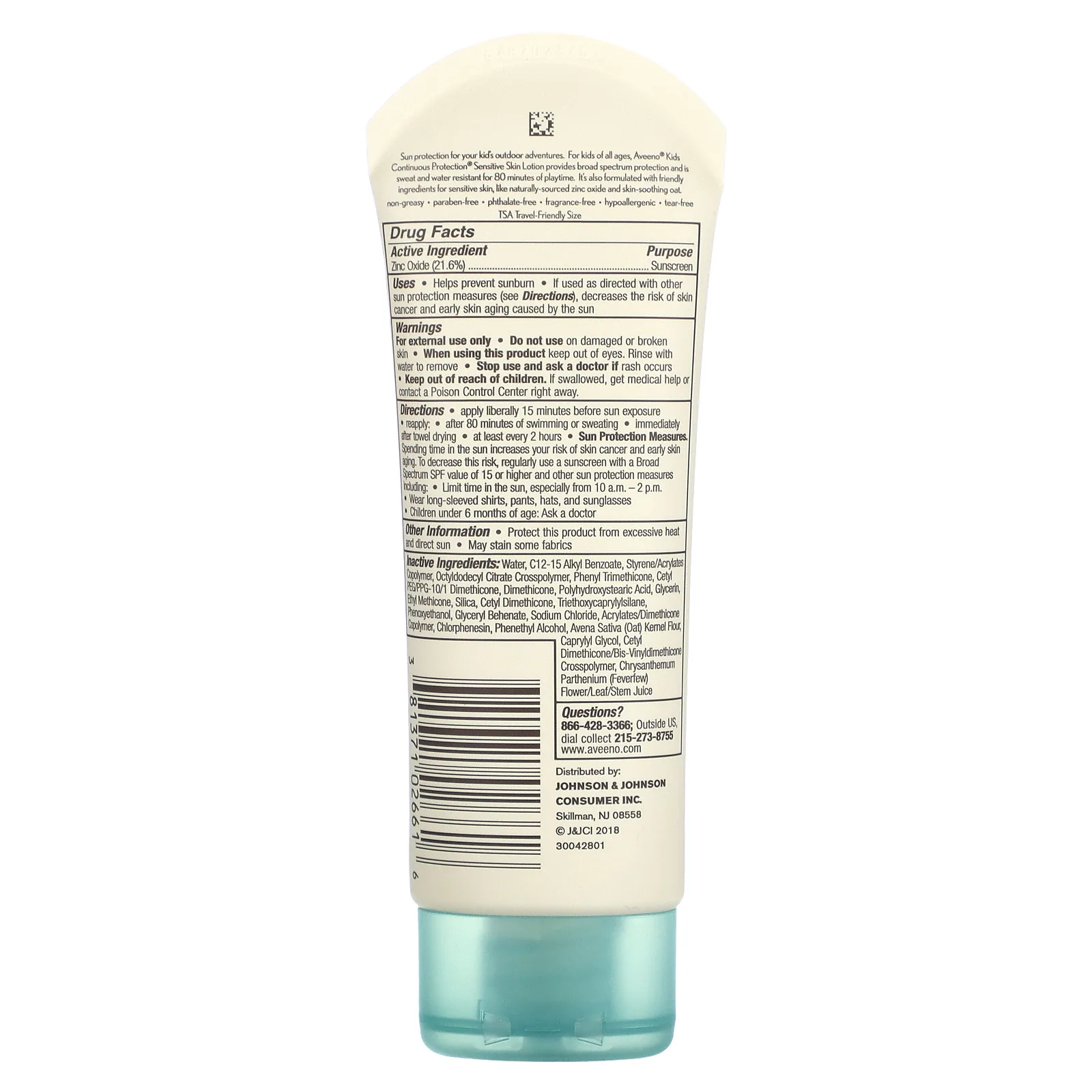 Aveeno, Для детей, солнцезащитное средство с оксидом цинка для постоянной защиты, для чувствительной кожи, SPF 50, 88 мл (3 жидк. Унции)