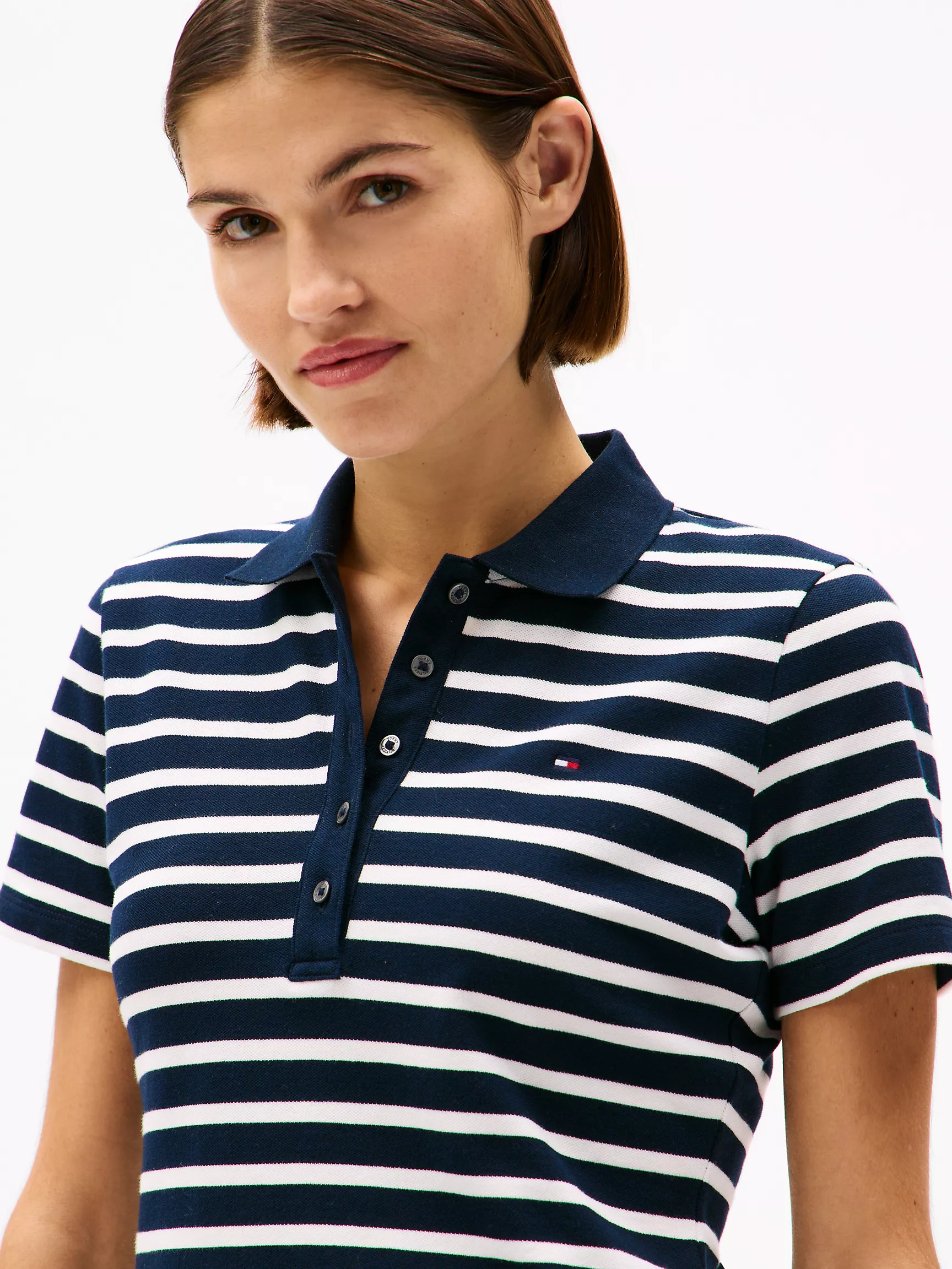 Женское поло Tommy Hilfiger, Приталенное полосатое эластичное хлопковое поло