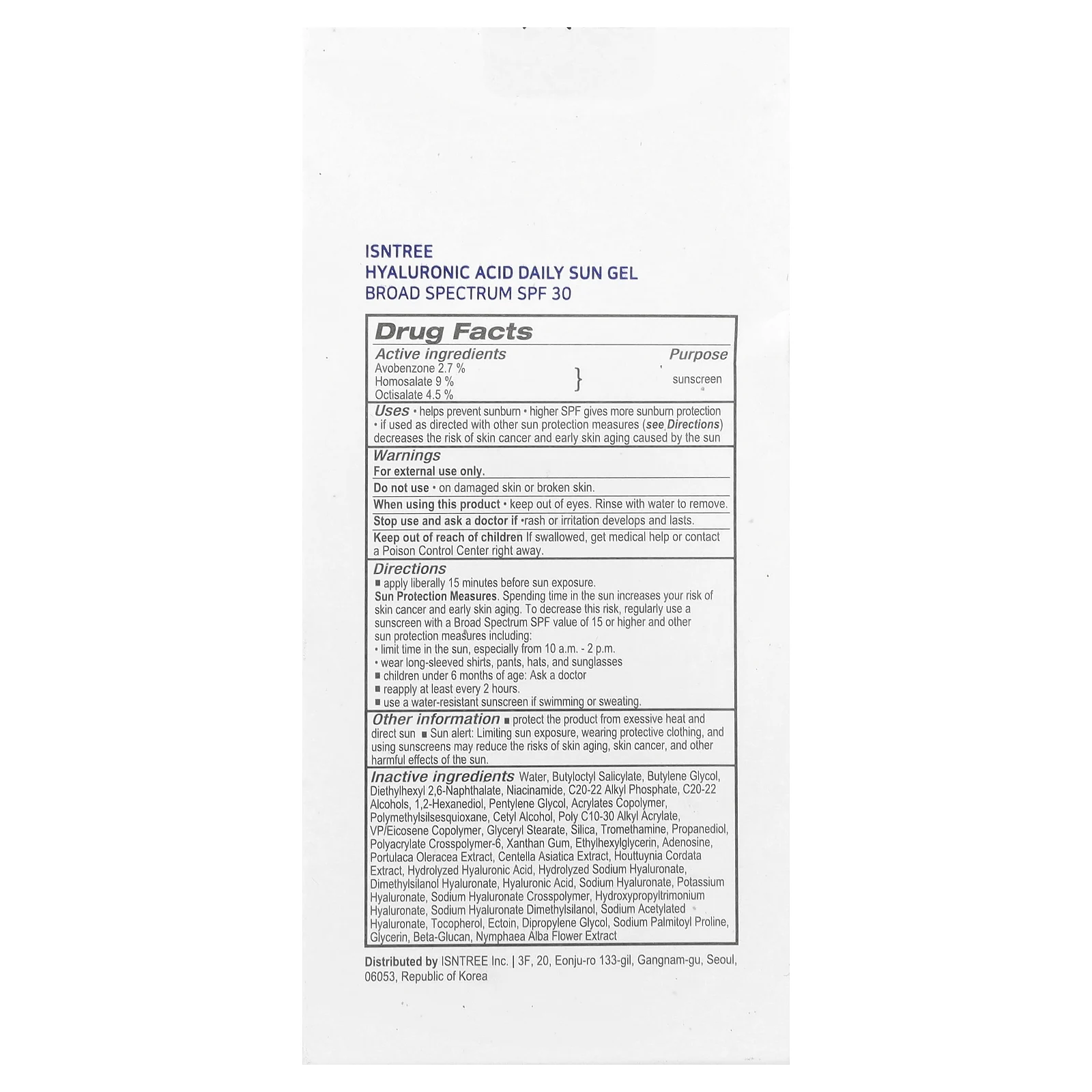 ISNtree, Ежедневный солнцезащитный гель с гиалуроновой кислотой, SPF 30, 50 мл (1,69 жидк. унц.)