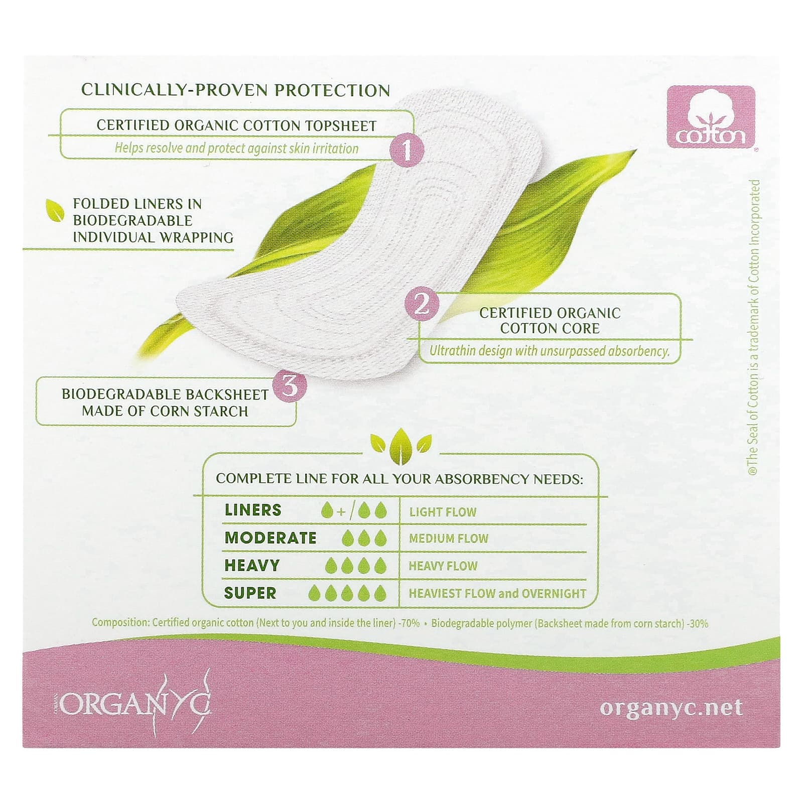 Organyc, Ежедневные прокладки из органического хлопка, в индивидуальной упаковке, для небольшого объема выделений, 24 шт.