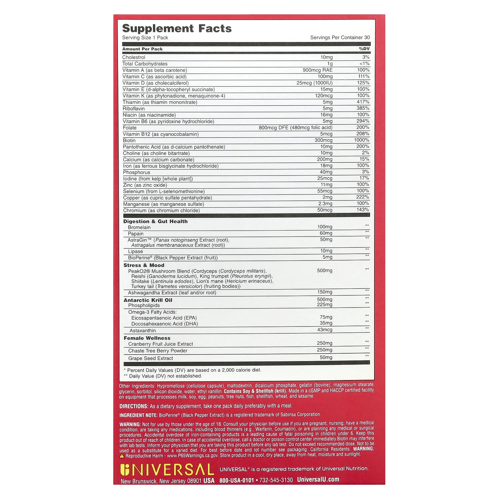 Universal U, Women's Total Health Pack, 30 Pill Packs