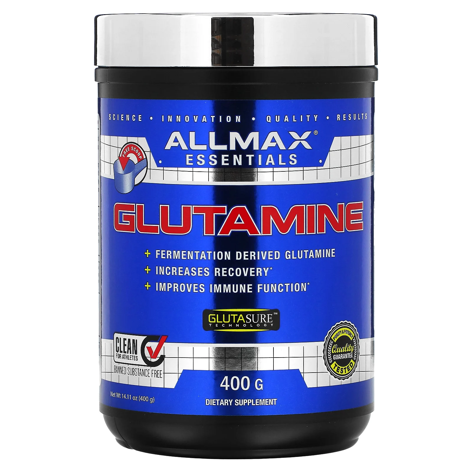 ALLMAX, 100% чистый микронизированный глутамин, без глютена, веганский продукт, с сертификатом кошерности, 400 г (14,1 фунтов)