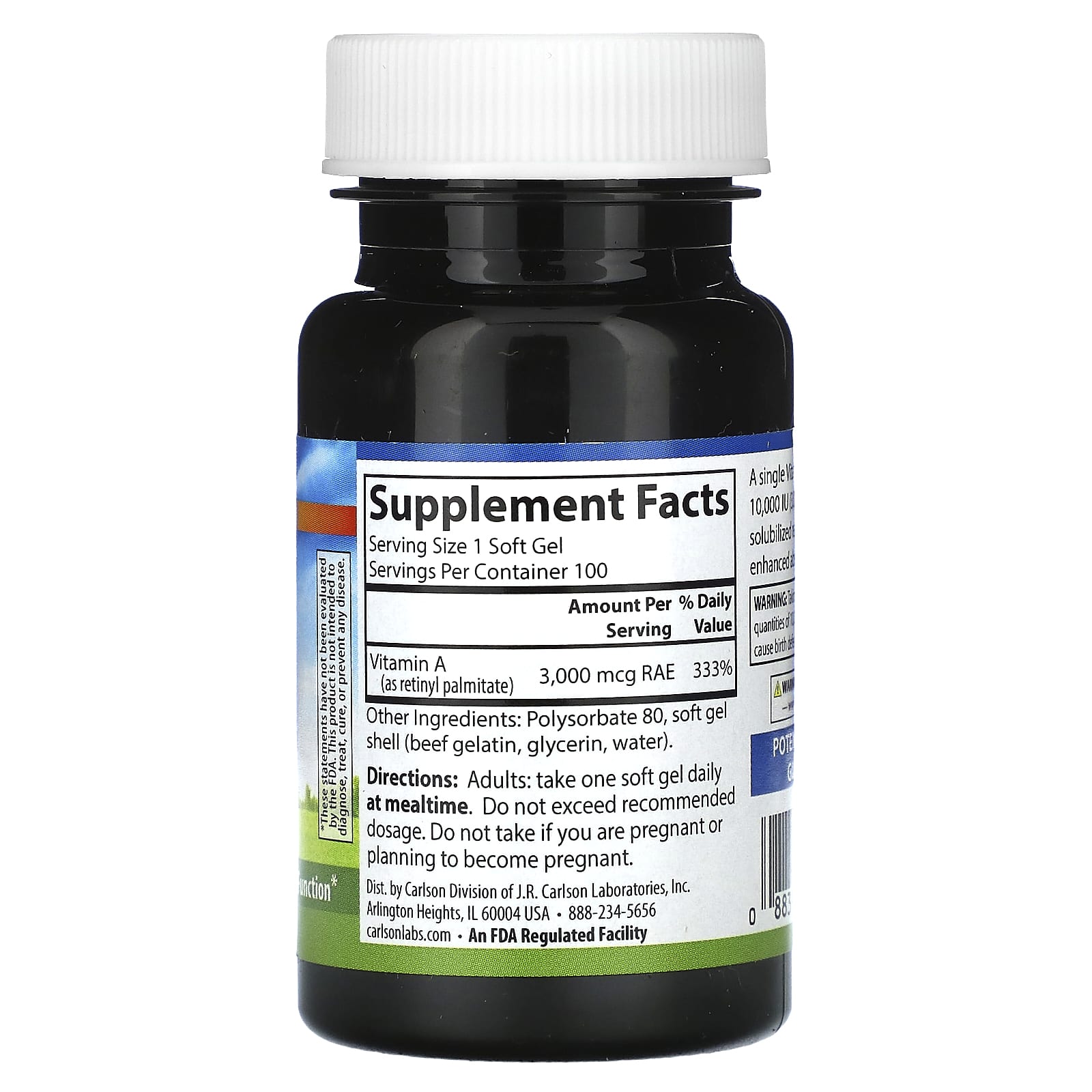 Carlson, Витамин A, 3000 мкг RAE (10 000 МЕ), 100 мягких таблеток