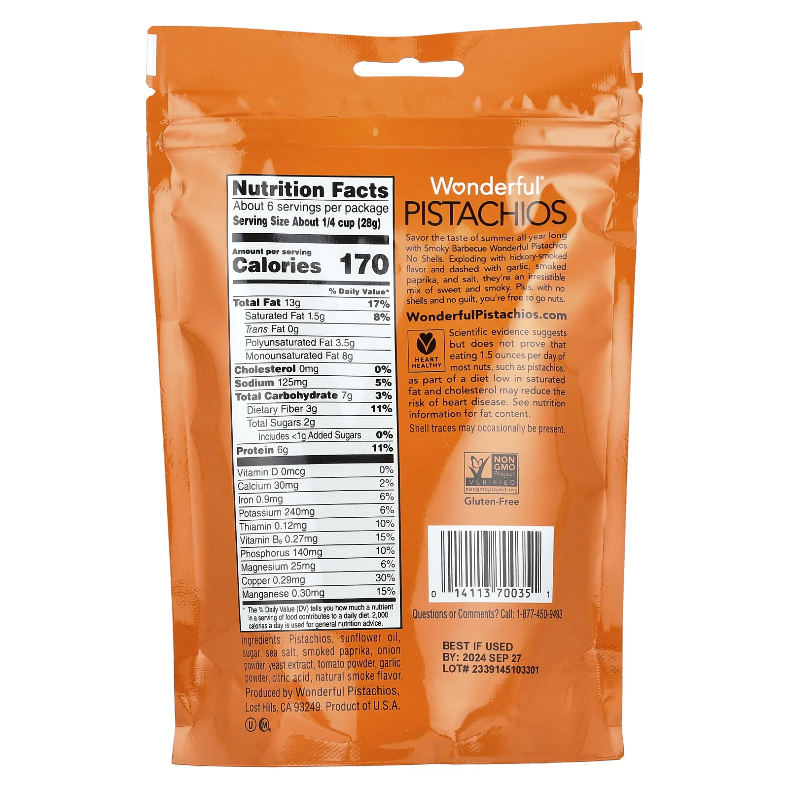 Wonderful Pistachios, барбекю с дымком, без панцирей, 155 г (5,5 унции)