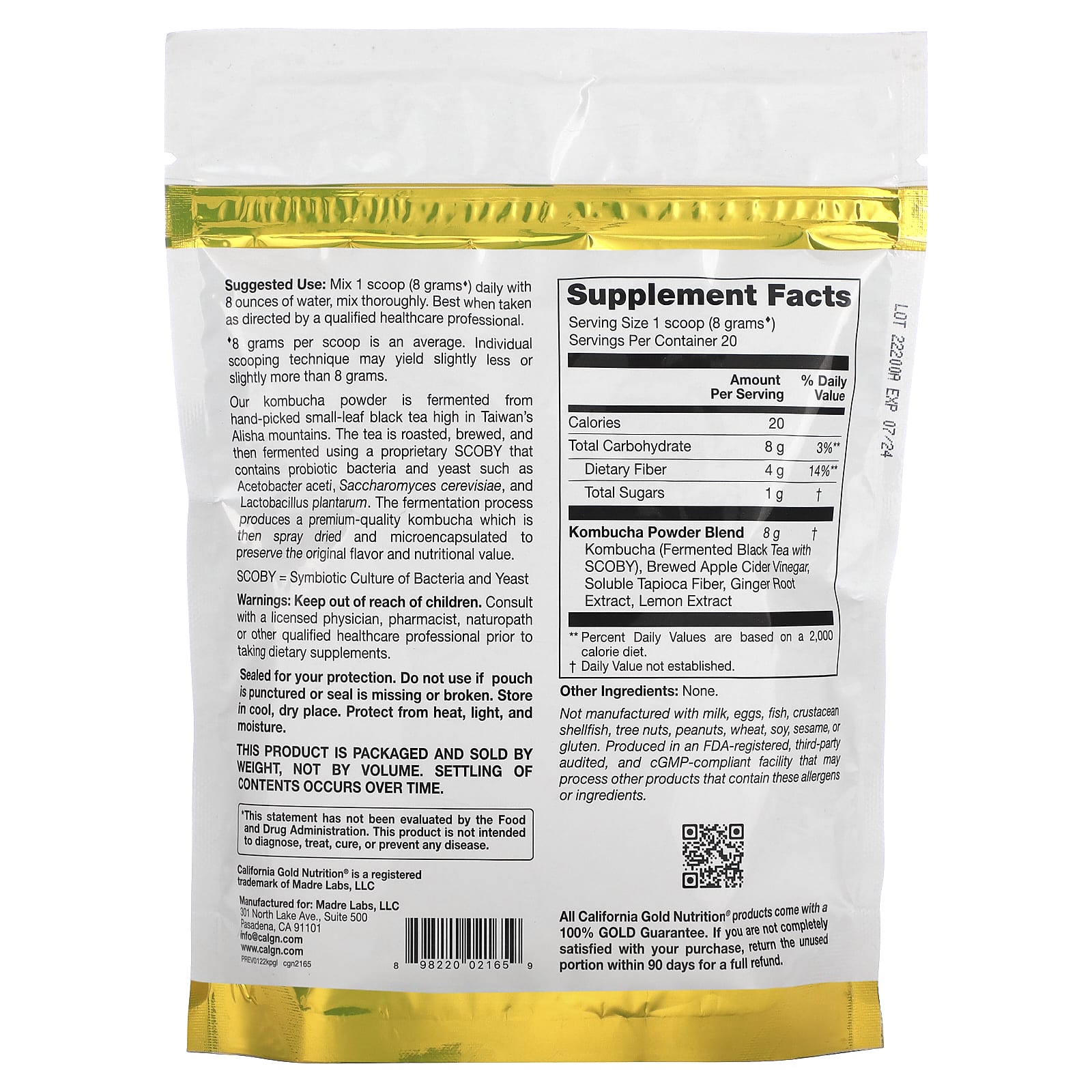 California Gold Nutrition, Superfoods, порошок чайного гриба, имбирь и лимон, 160 г (5,64 унции)