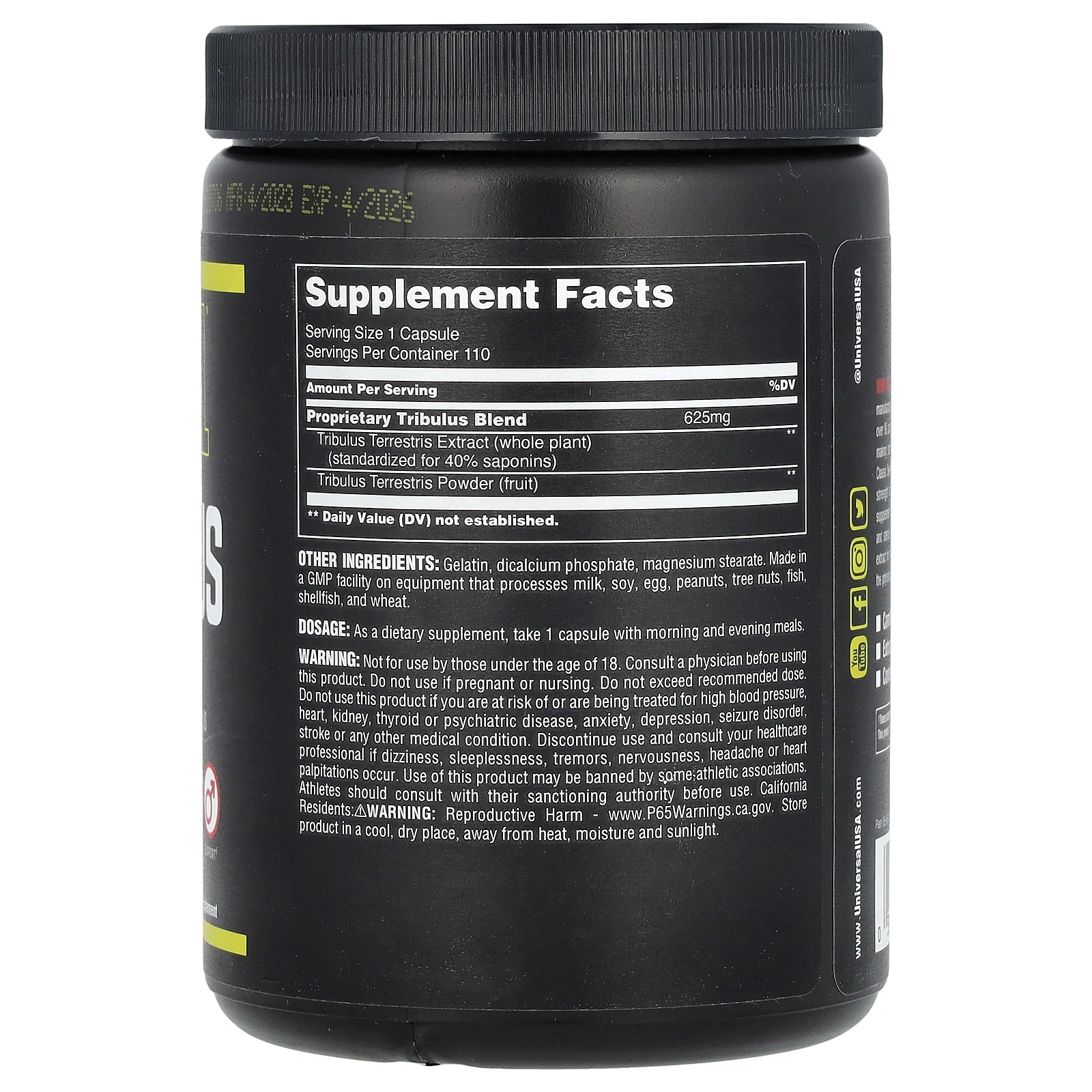 Universal U, Classic Series, Tribulus Pro, профессиональная добавка с якорцами, 110 капсул